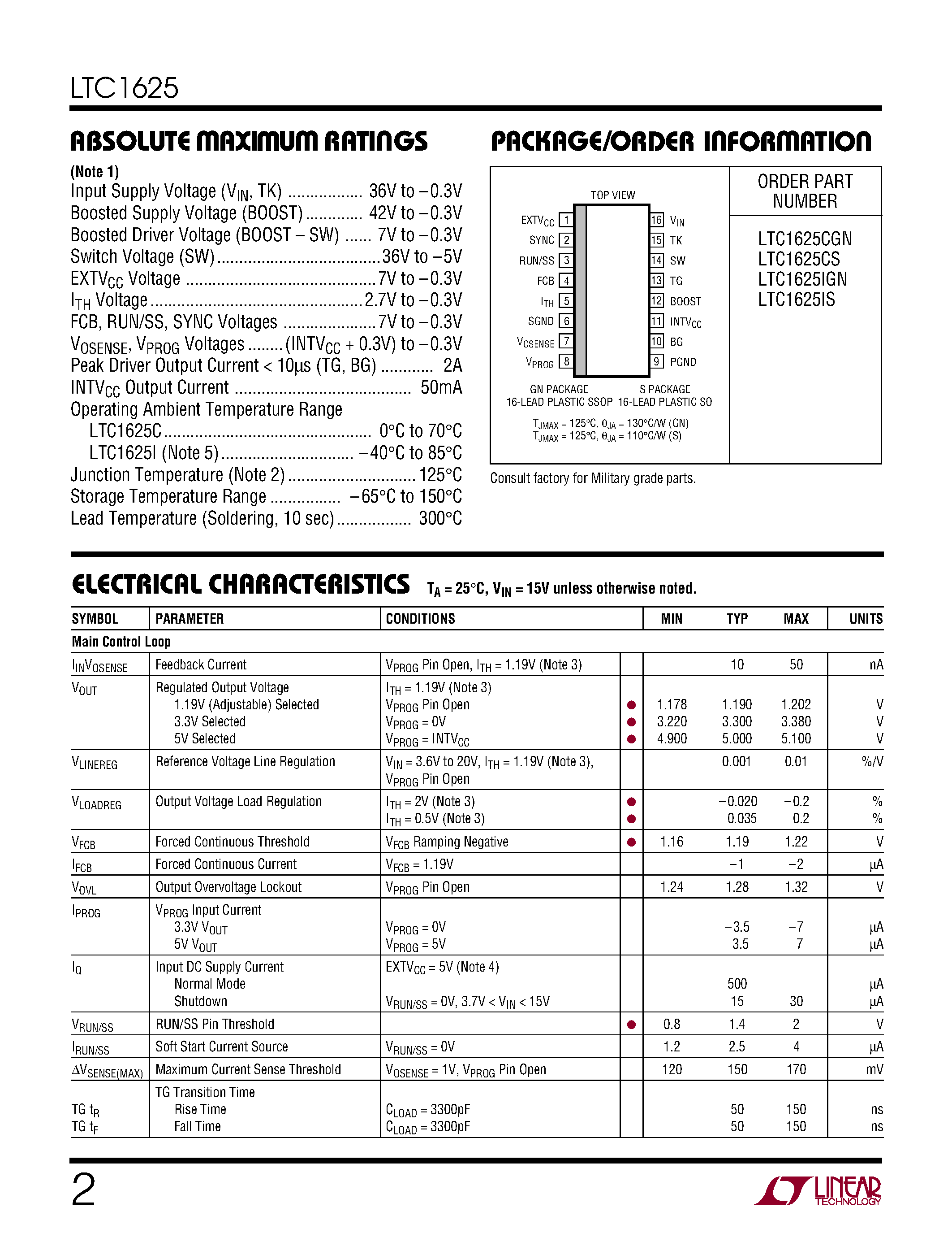 Datasheet LTC1625 page 2 Datasheet LTC1625 - No RSENSE TM Current Mode Synchronous Step-Down Switching Regulator page 2
