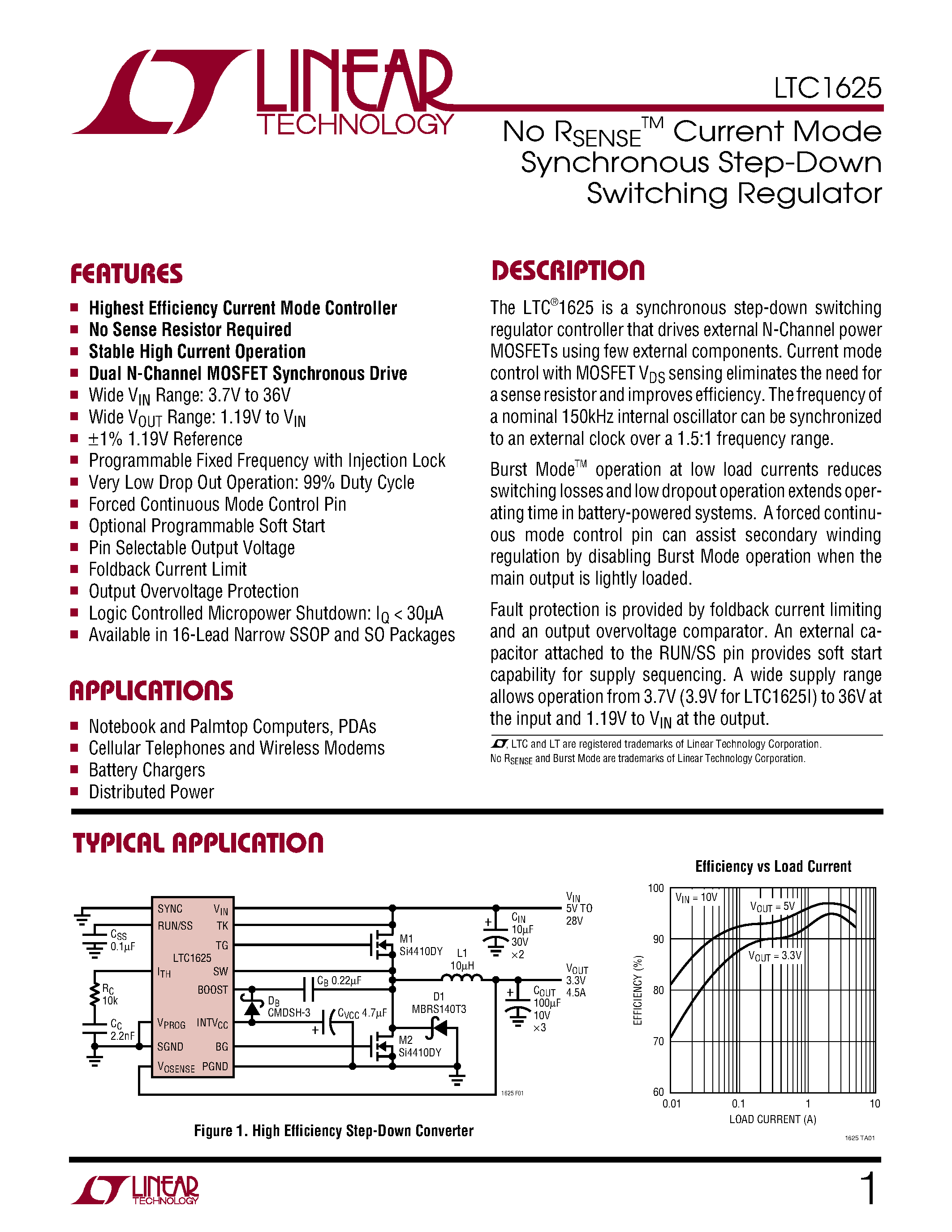 Datasheet LTC1625I page 1 Datasheet LTC1625I - No RSENSE TM Current Mode Synchronous Step-Down Switching Regulator page 1