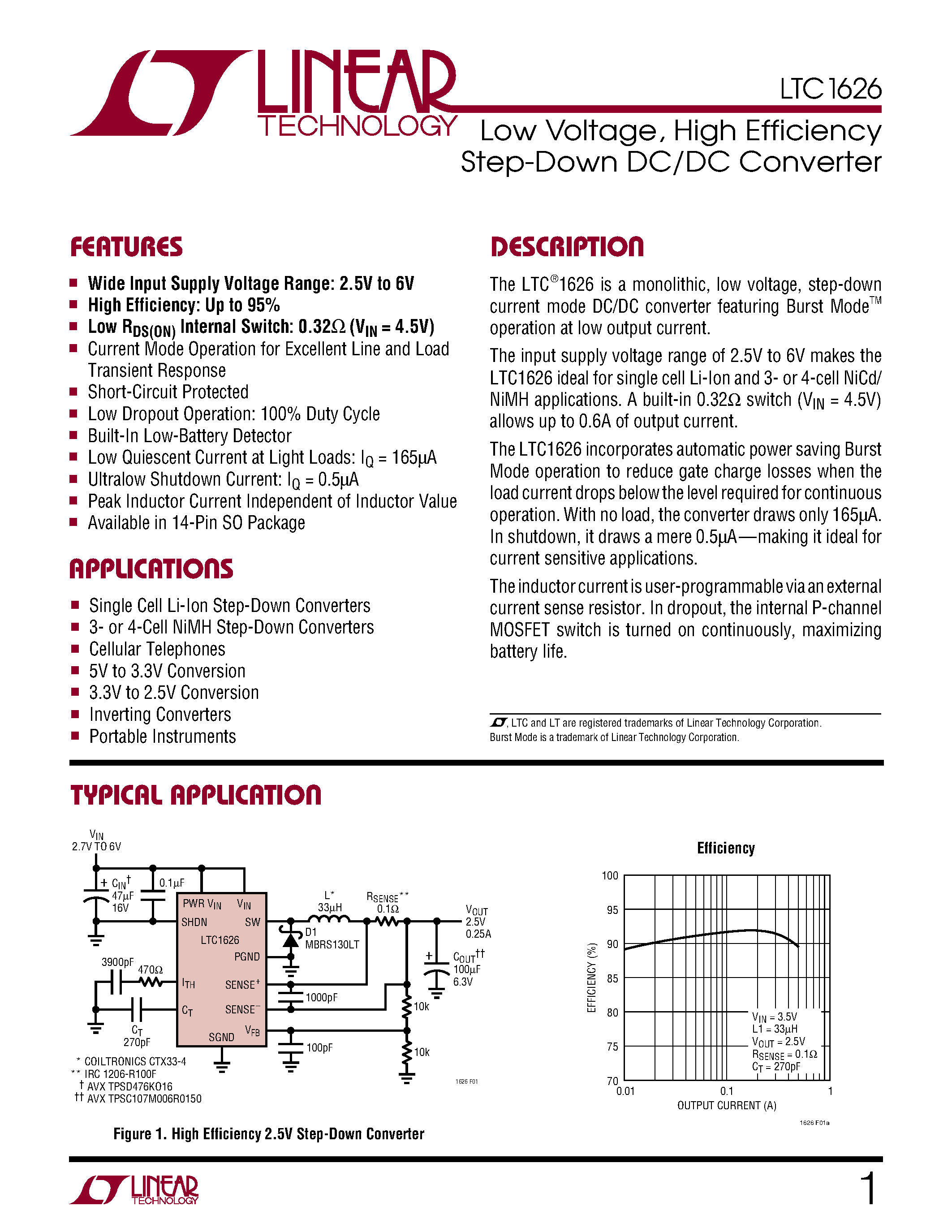 Datasheet LTC1626 page 1 Datasheet LTC1626 - Low Voltage/ High Efficiency Step-Down DC/DC Converter page 1