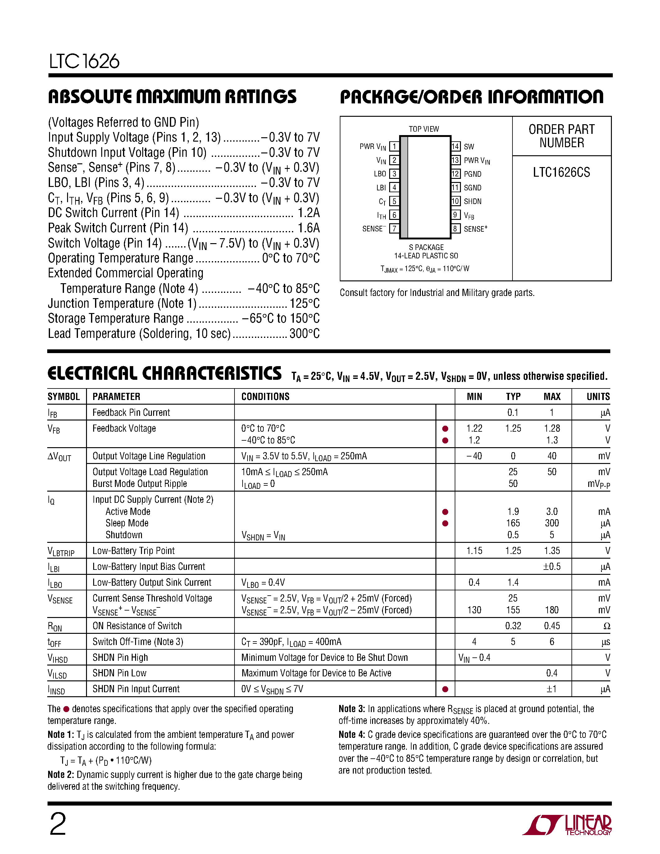 Datasheet LTC1626CS - Low Voltage/ High Efficiency Step-Down DC/DC Converter page 2