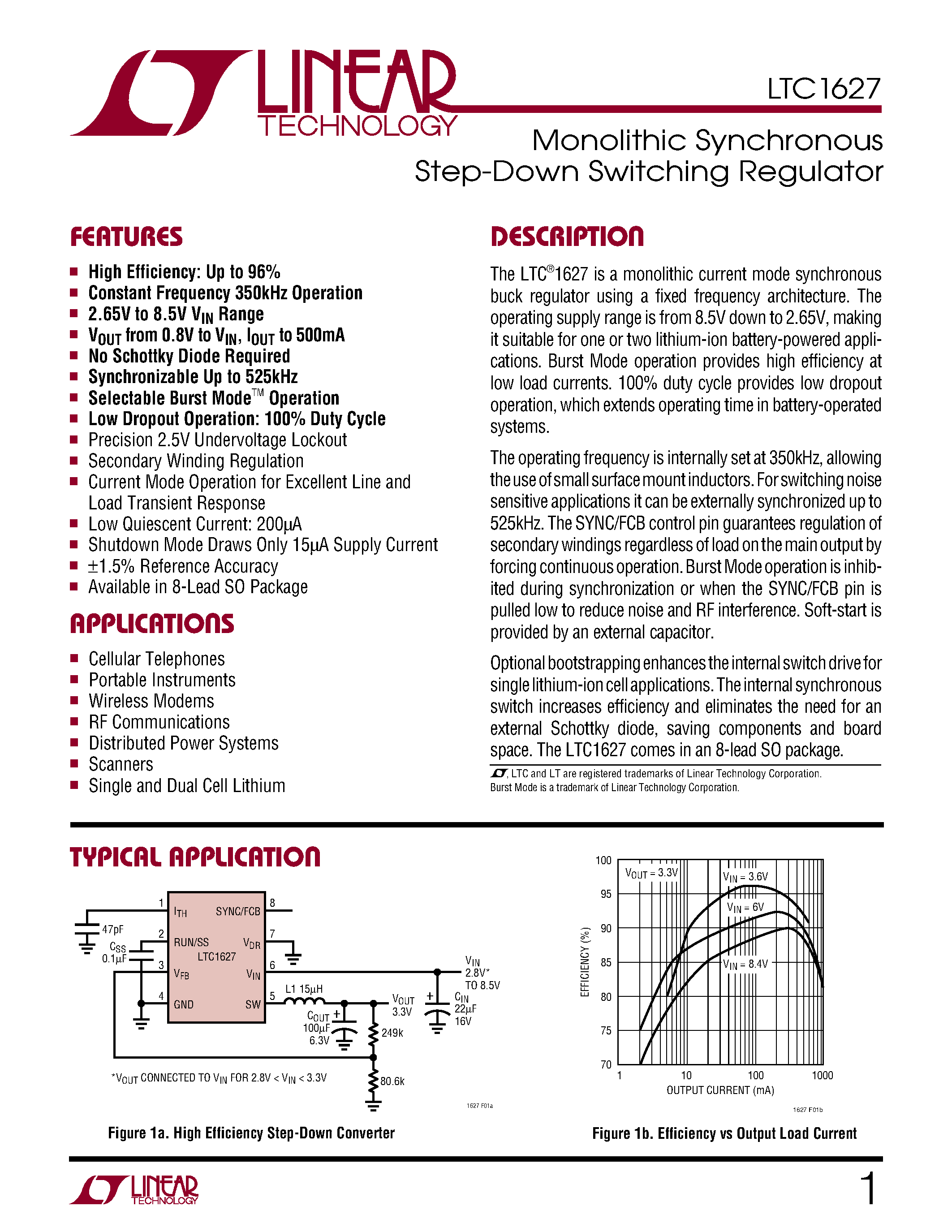 Datasheet LTC1627IS8 - Monolithic Synchronous Step-Down Switching Regulator page 1