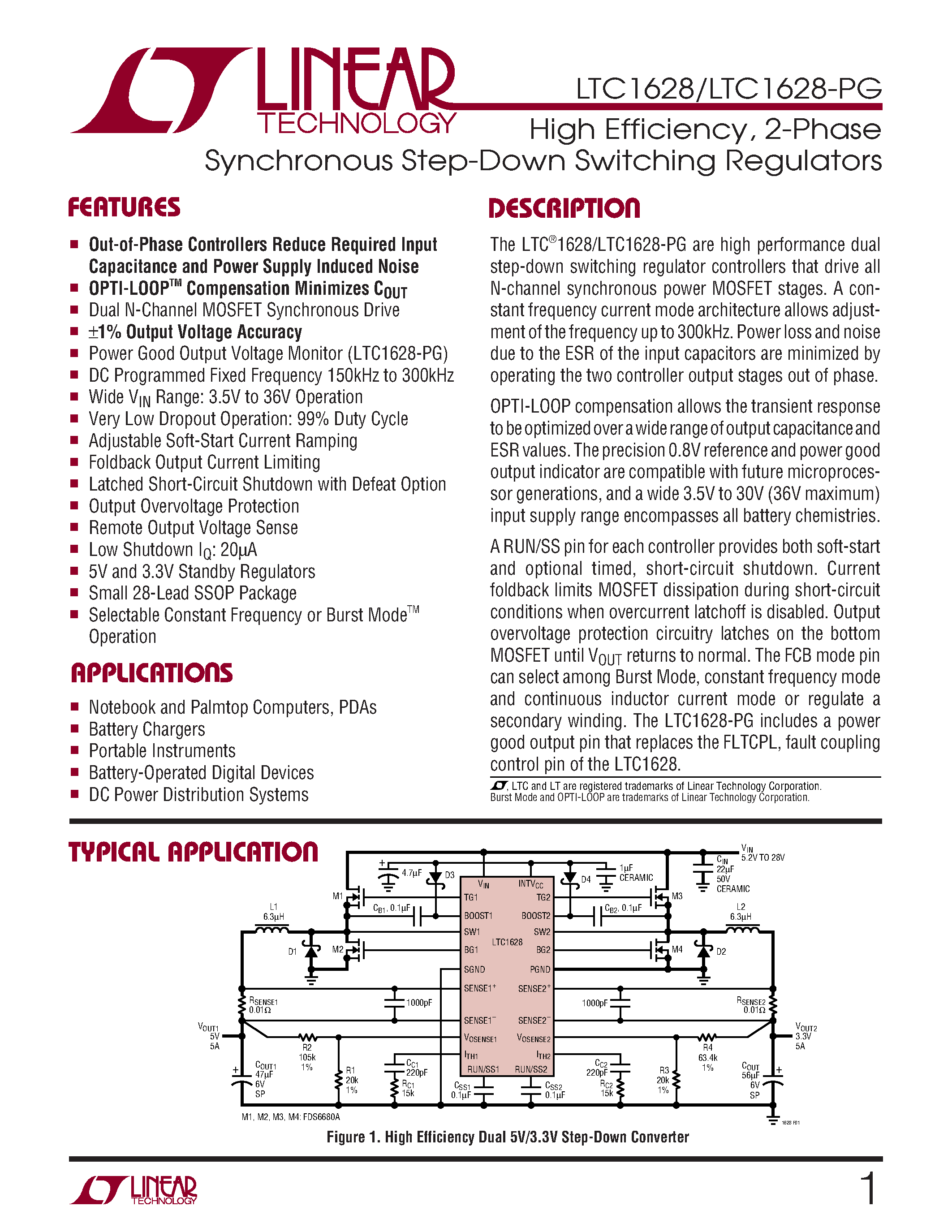 Datasheet LTC1628 - High Efficiency/ 2-Phase Synchronous Step-Down Switching Regulators page 1
