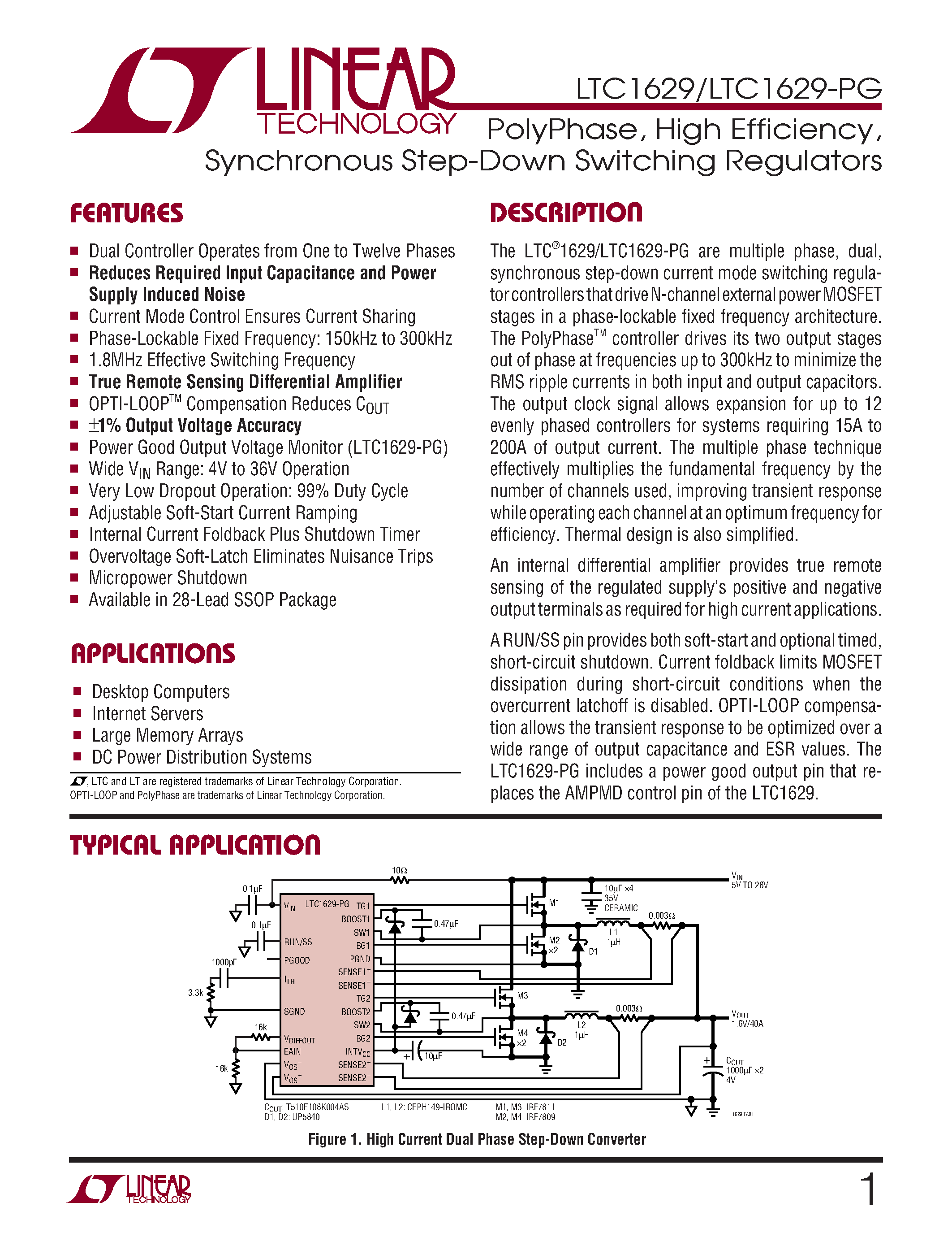Datasheet LTC1629C-PG page 1 Datasheet LTC1629C-PG - PolyPhase/ High Efficiency/ Synchronous Step-Down Switching Regulators page 1