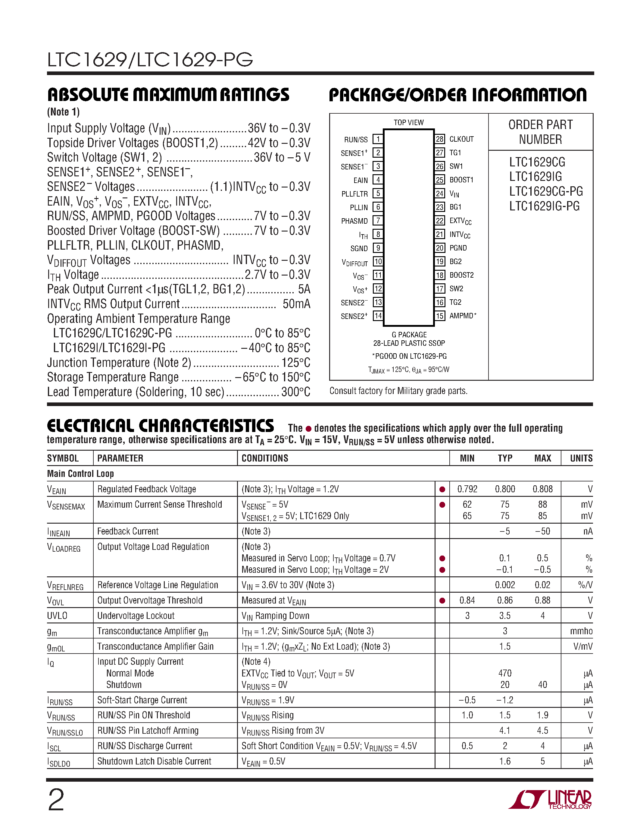 Datasheet LTC1629IG - PolyPhase/ High Efficiency/ Synchronous Step-Down Switching Regulators page 2