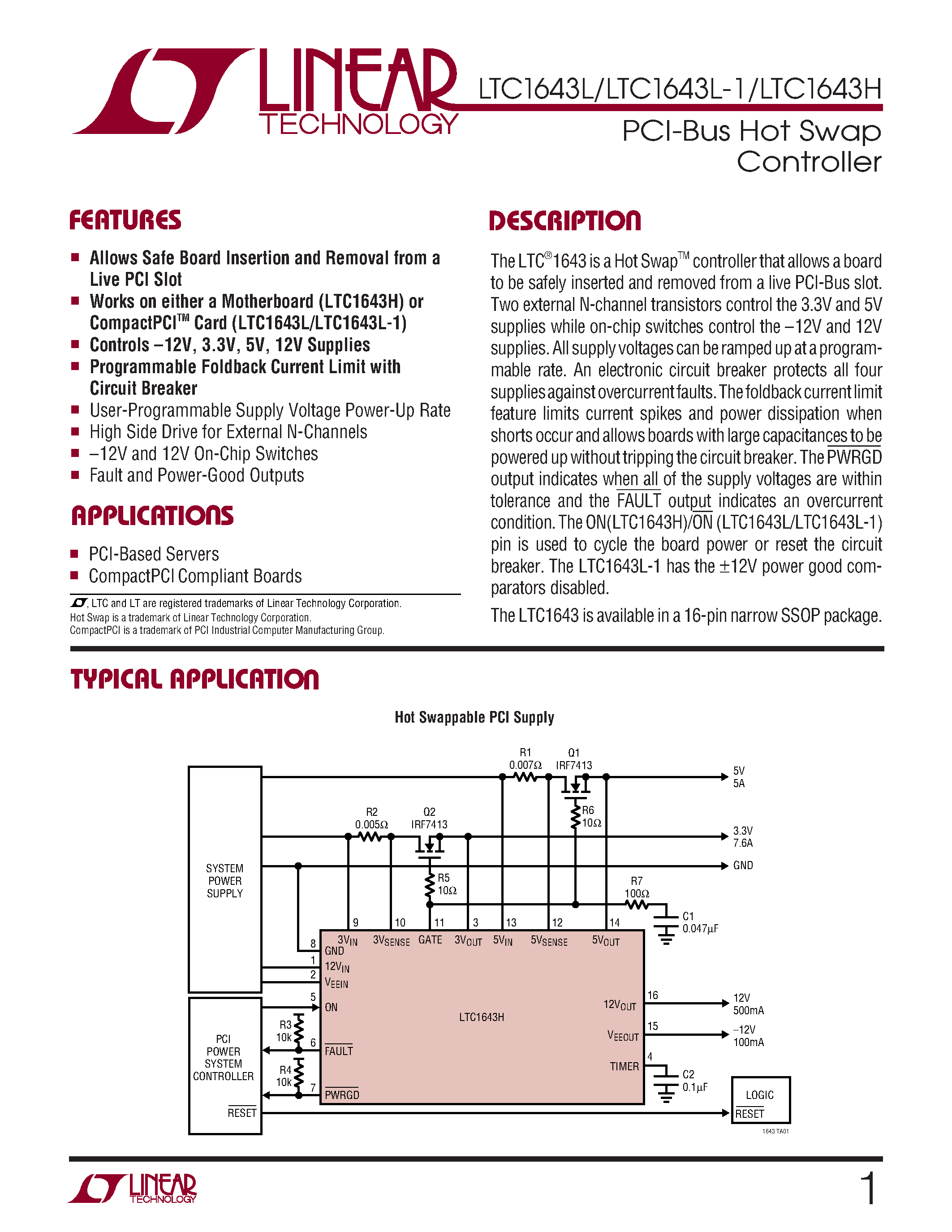 Даташит LTC1643L-1 - PCI-Bus Hot Swap Controller страница 1