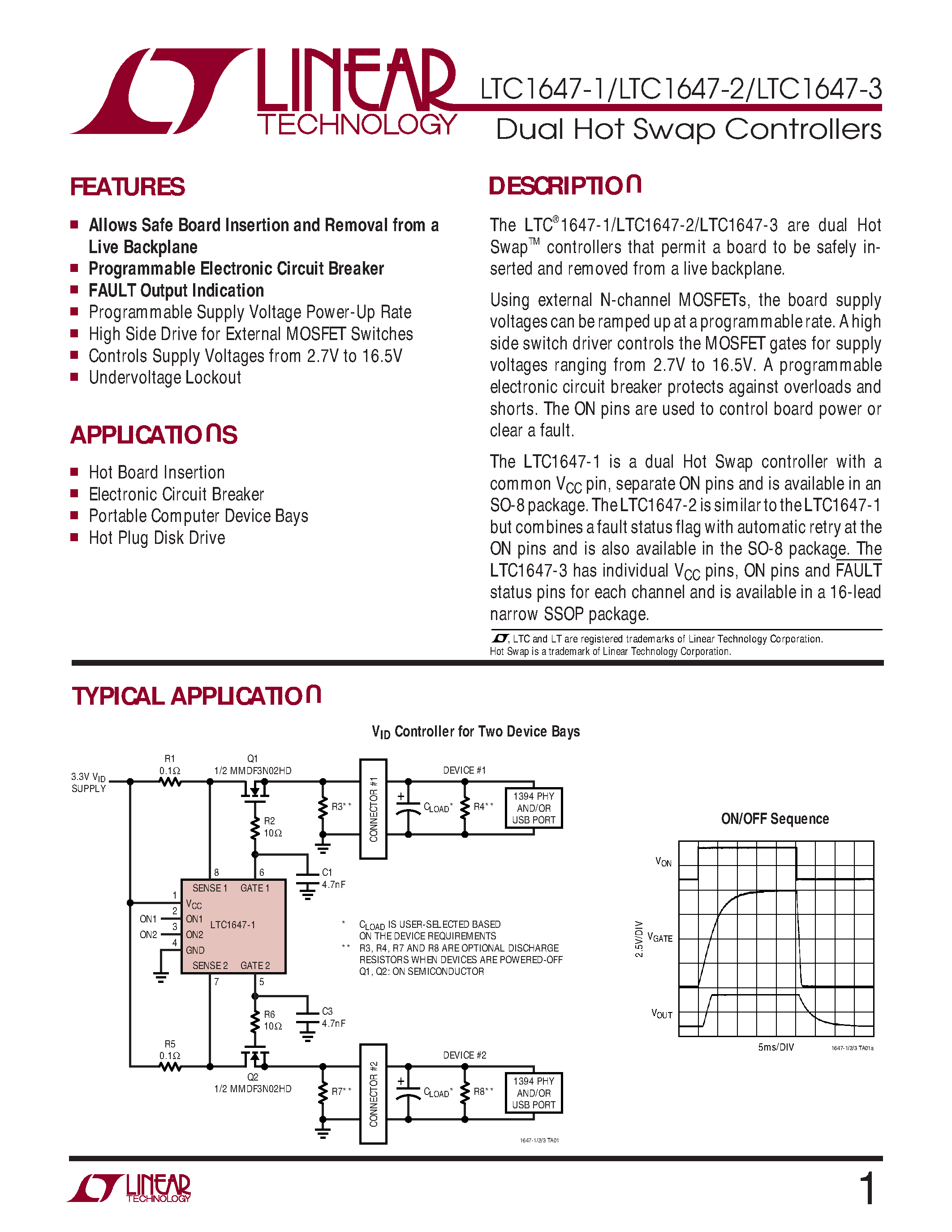 Даташит LTC1647-1 - Dual Hot Swap Controllers страница 1