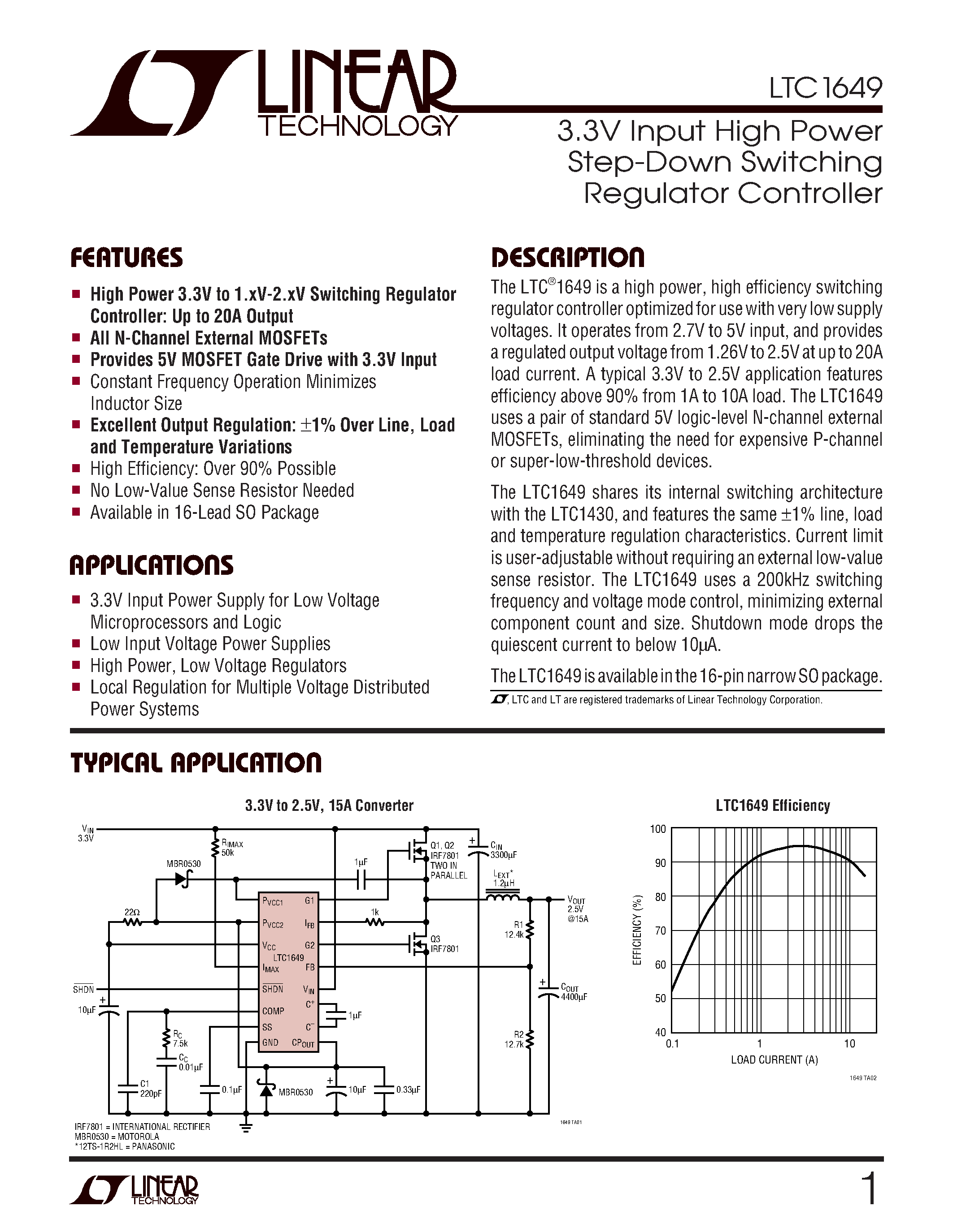 Datasheet LTC1649 - 3.3V Input High Power Step-Down Switching Regulator Controller page 1