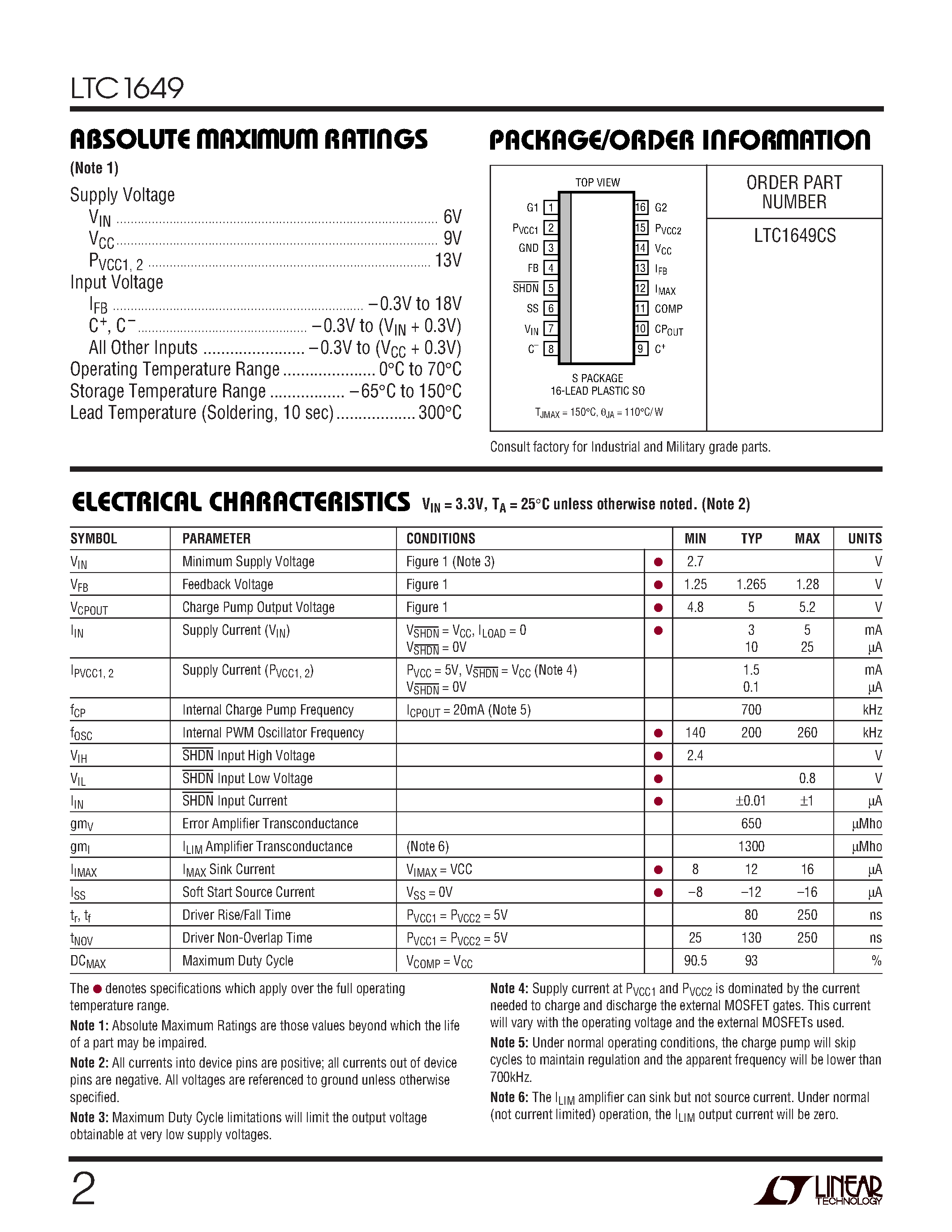 Datasheet LTC1649CS - 3.3V Input High Power Step-Down Switching Regulator Controller page 2