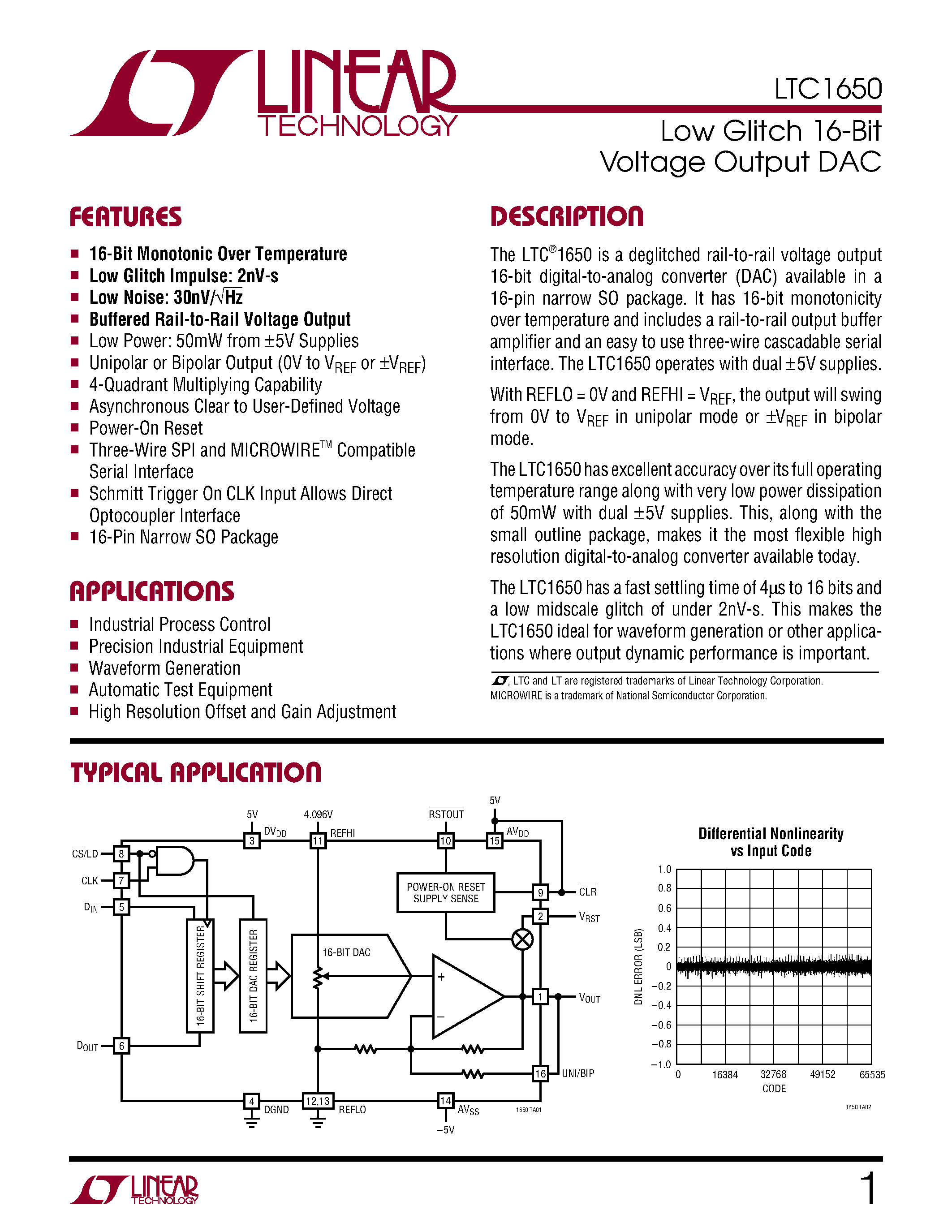 Datasheet LTC1650AIS - Low Glitch 16-Bit Voltage Output DAC page 1