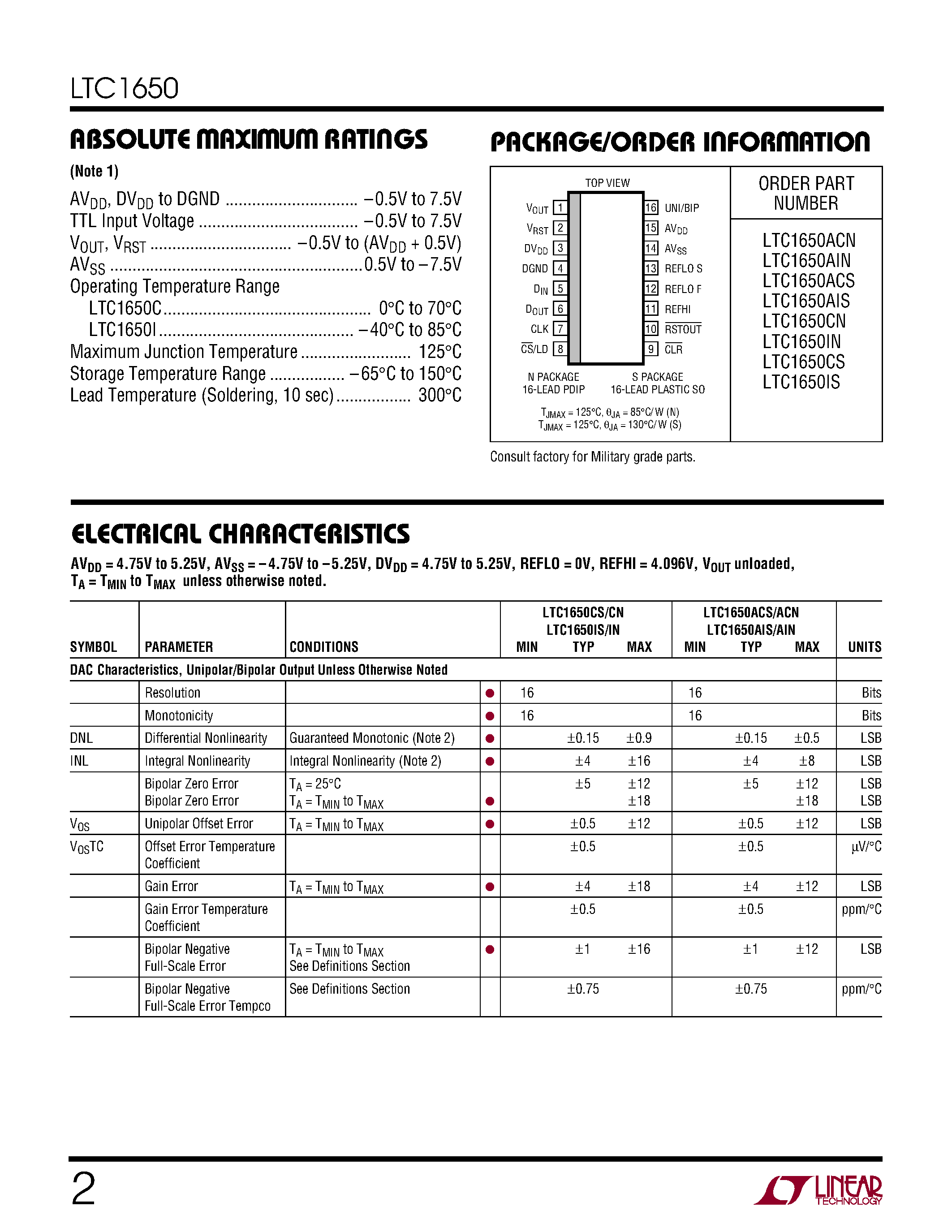 Datasheet LTC1650C - Low Glitch 16-Bit Voltage Output DAC page 2
