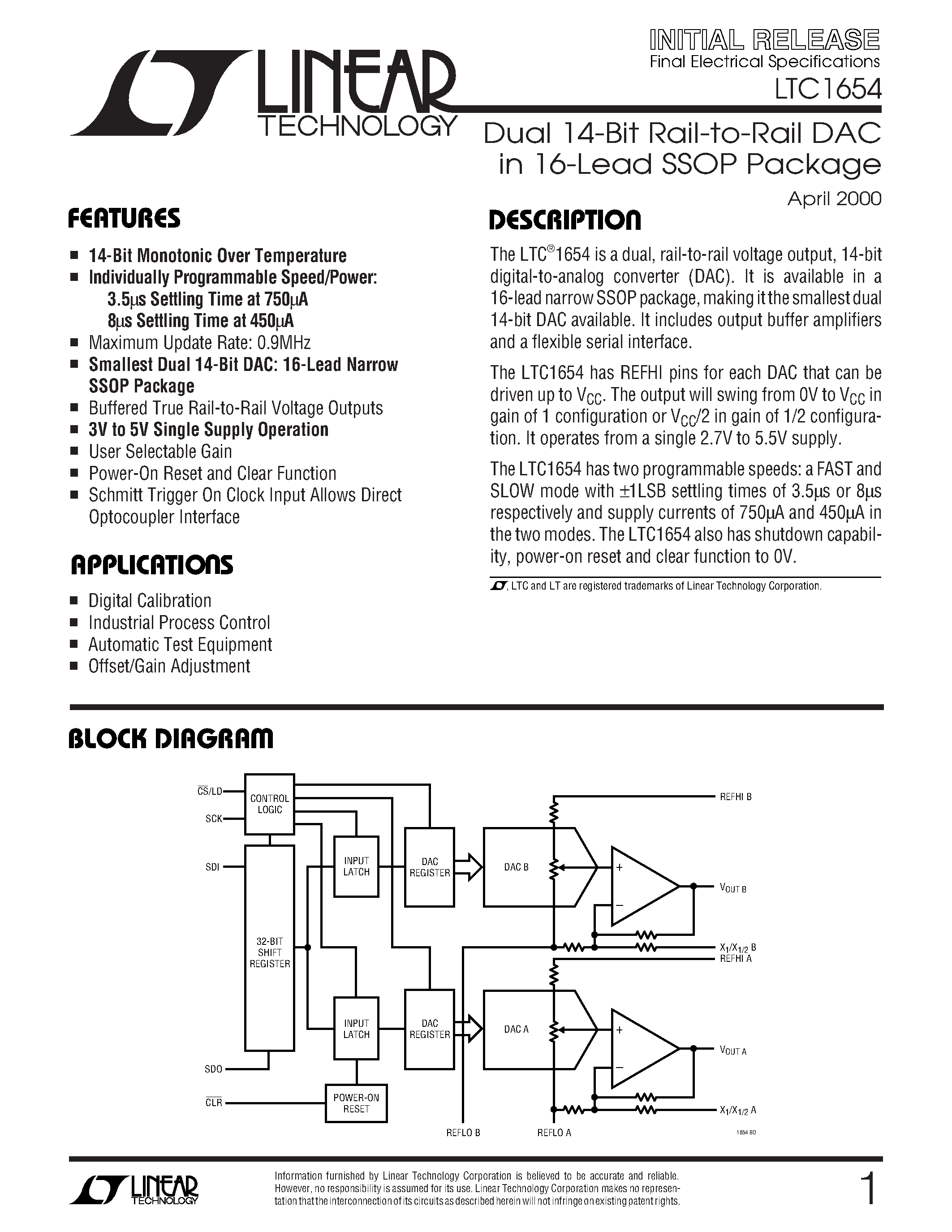 Datasheet LTC1654 - Dual 14-Bit Rail-to-Rail DAC in 16-Lead SSOP Package page 1