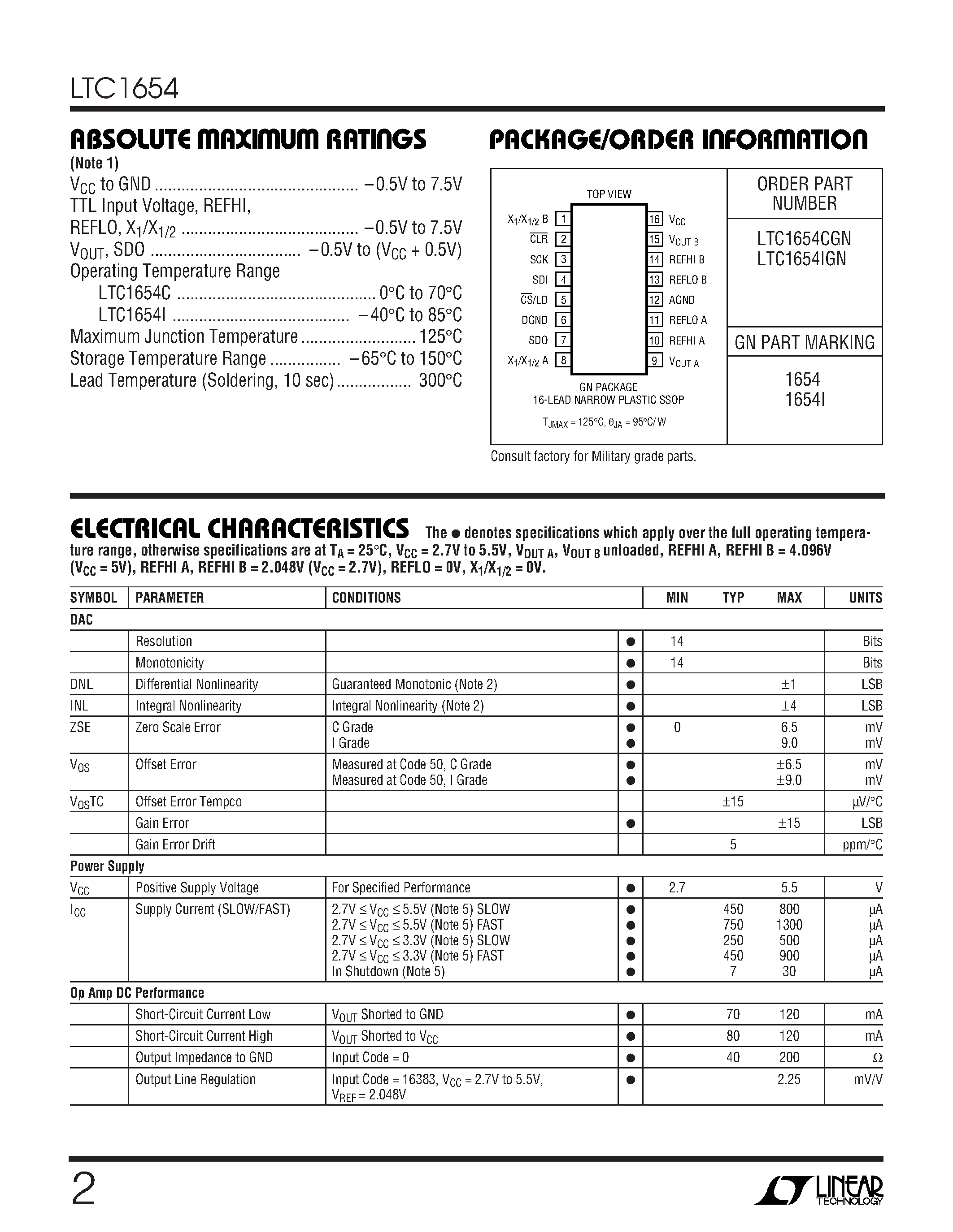 Datasheet LTC1654CGN - Dual 14-Bit Rail-to-Rail DAC in 16-Lead SSOP Package page 2