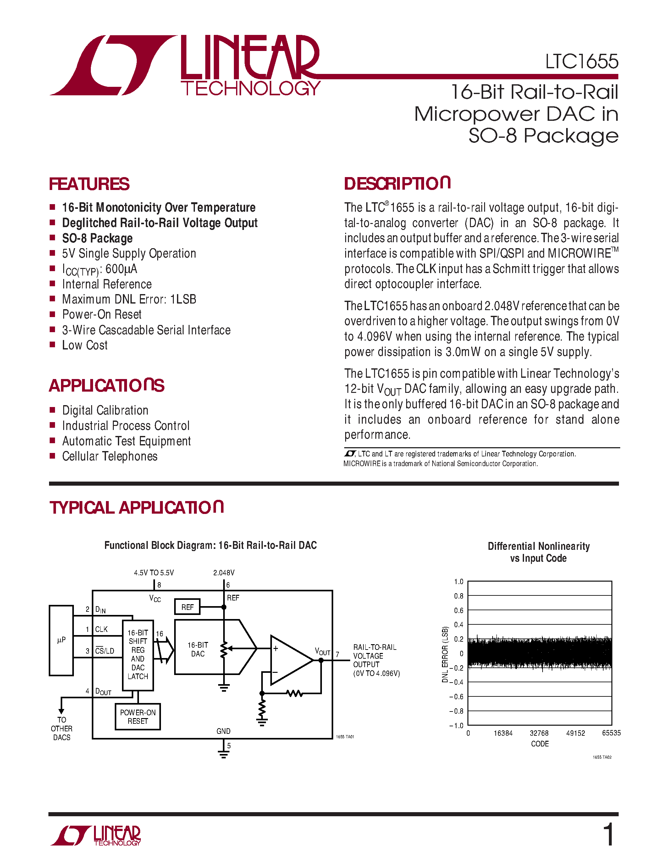 Datasheet LTC1655CN8 - 16-Bit Rail-to-Rail Micropower DAC in SO-8 Package page 1