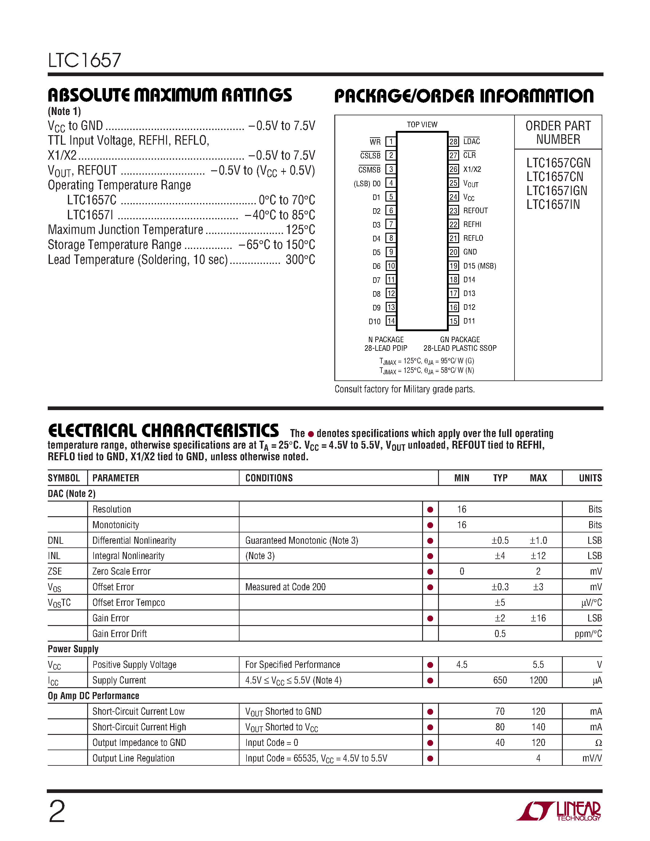Datasheet LTC1657CGN - Parallel 16-Bit Rail-to-Rail Micropower DAC page 2