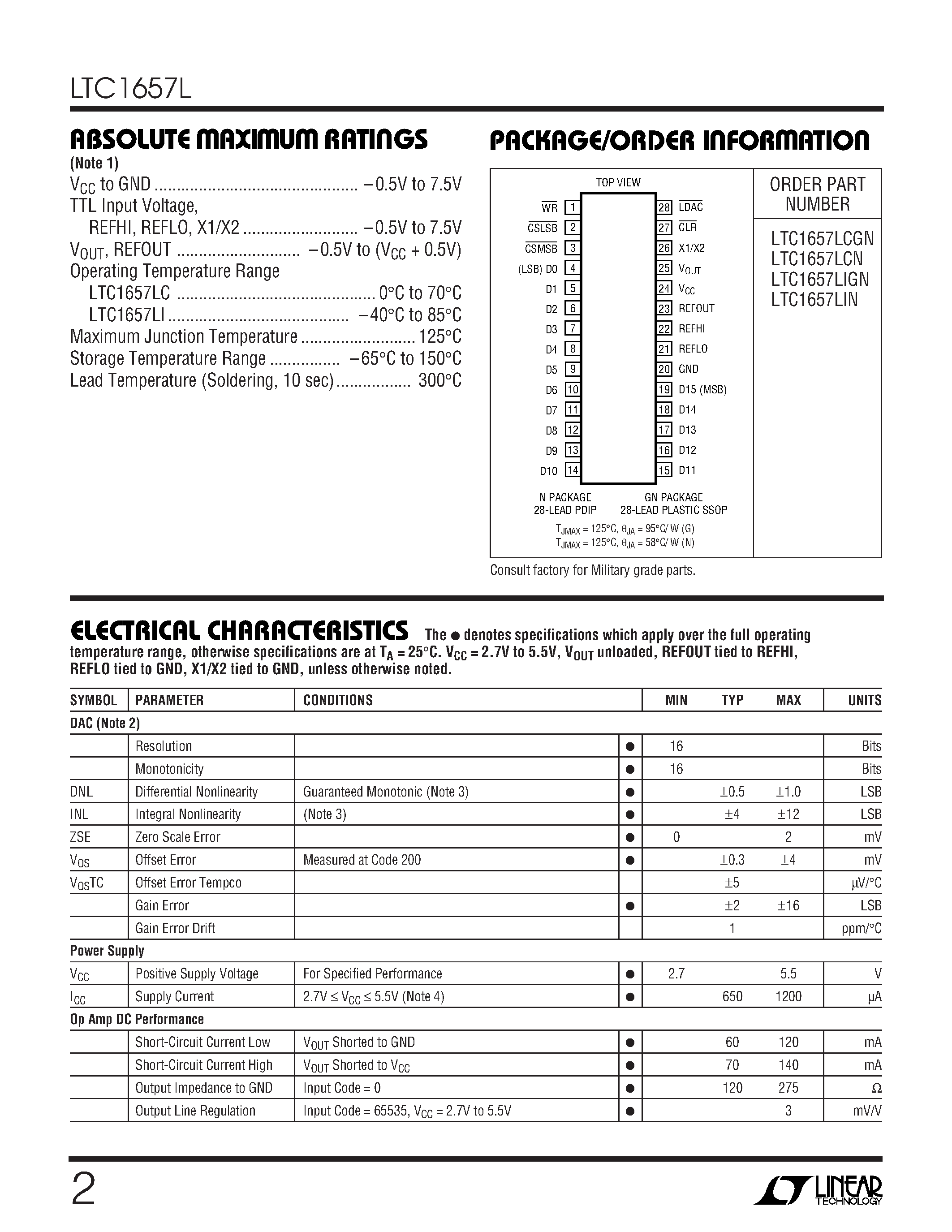 Datasheet LTC1657LCN - Parallel 16-Bit Rail-to-Rail Micropower DAC page 2