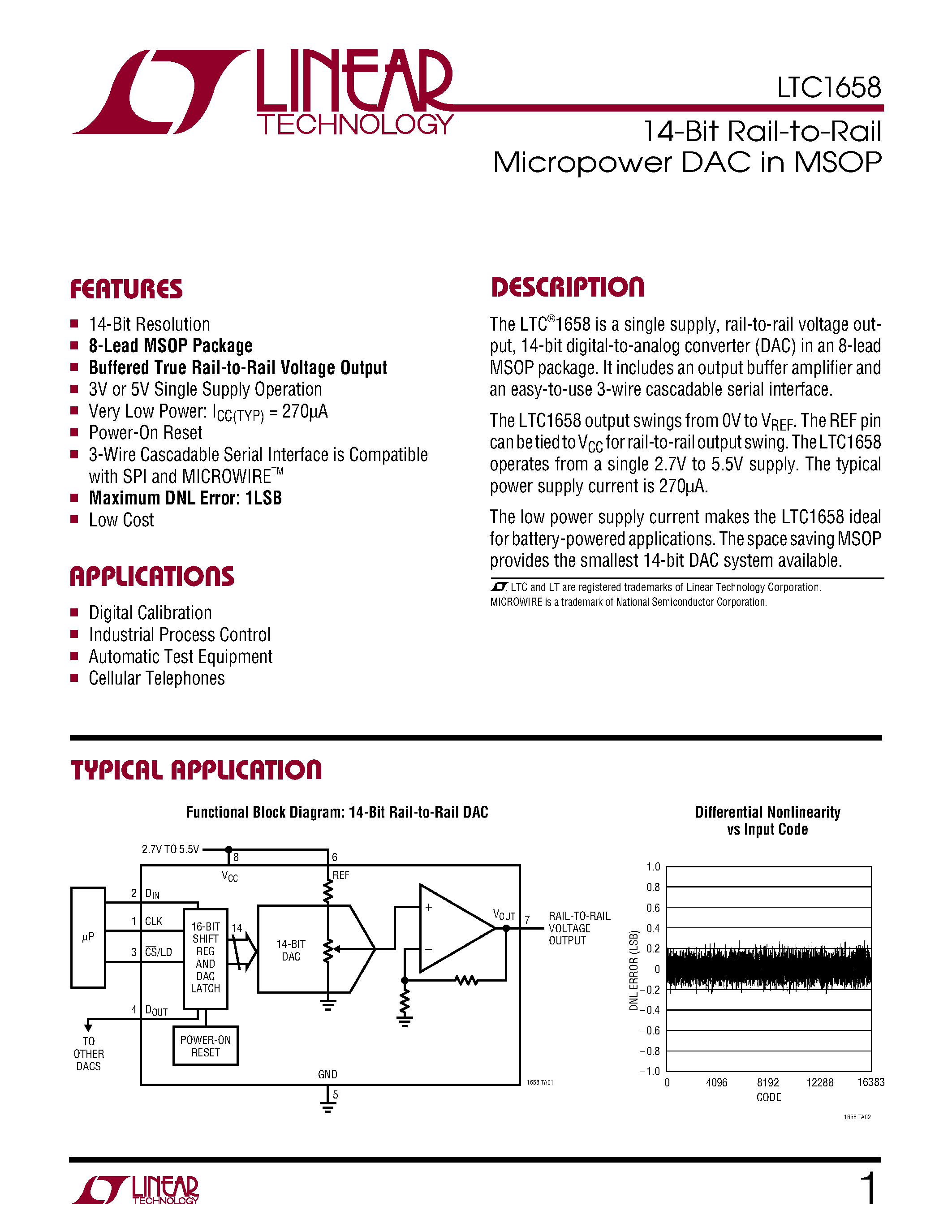 Datasheet LTC1658IS8 - 14-Bit Rail-to-Rail Micropower DAC in MSOP page 1