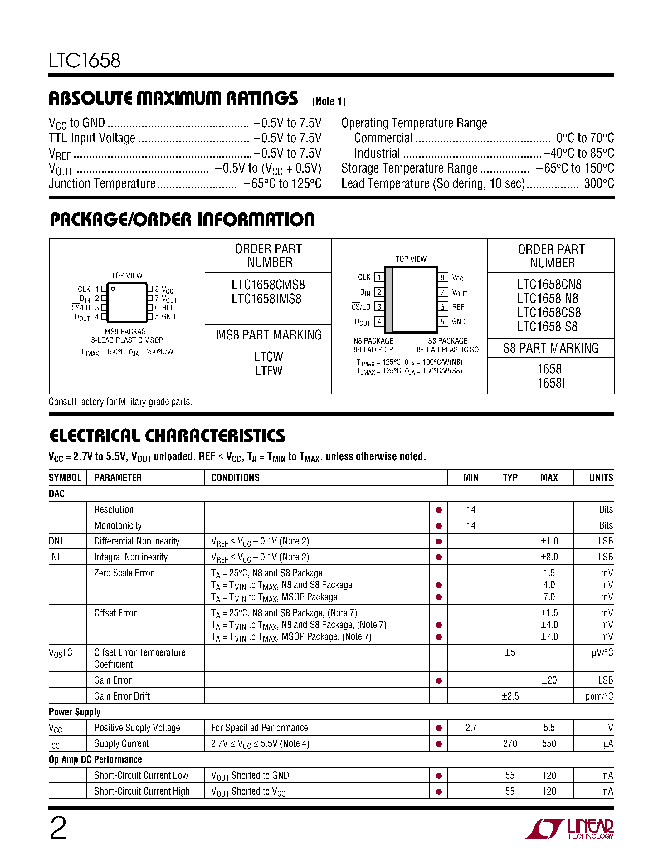 Datasheet LTC1658IS8 - 14-Bit Rail-to-Rail Micropower DAC in MSOP page 2