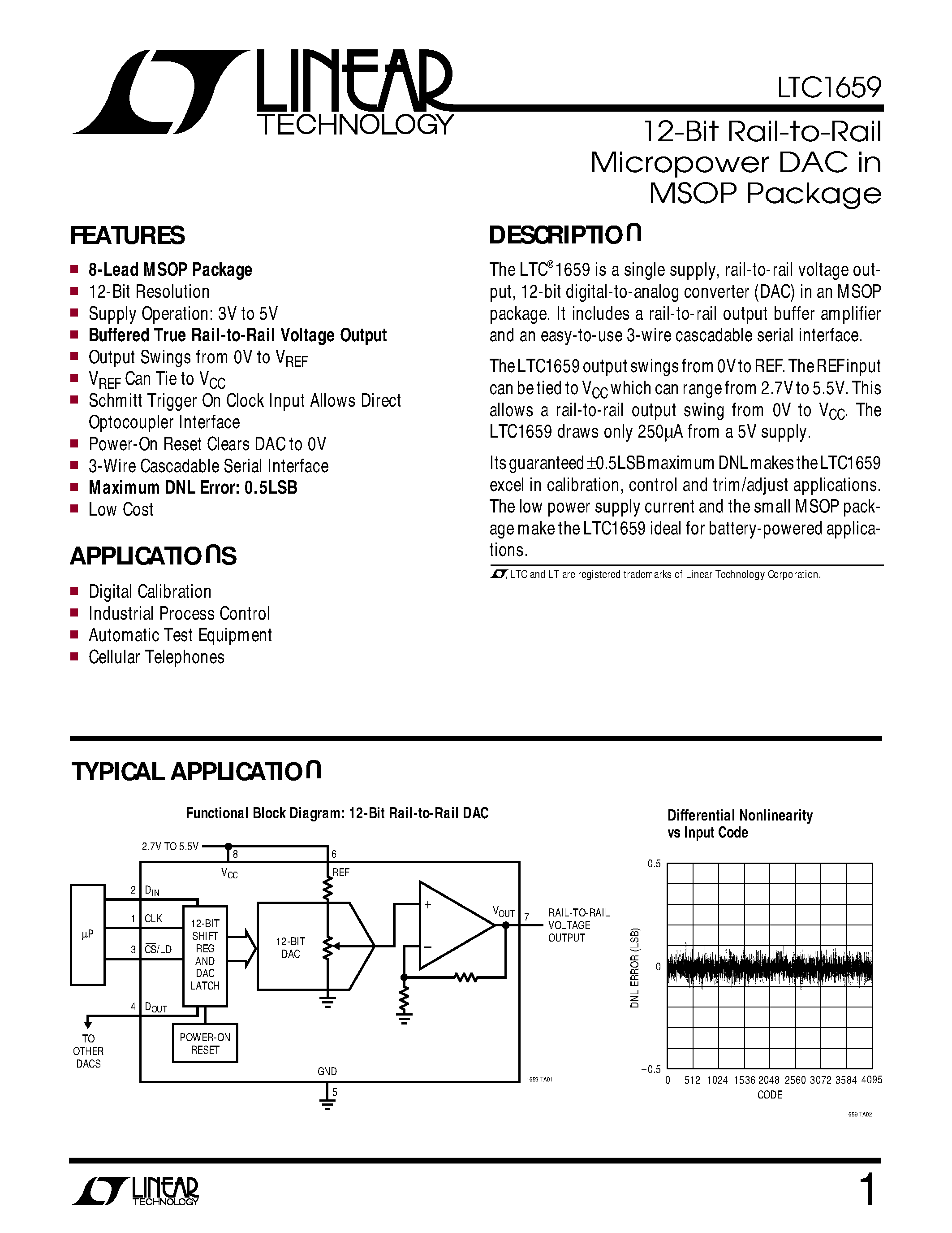 Datasheet LTC1659IS8 - 12-Bit Rail-to-Rail Micropower DAC in MSOP Package page 1