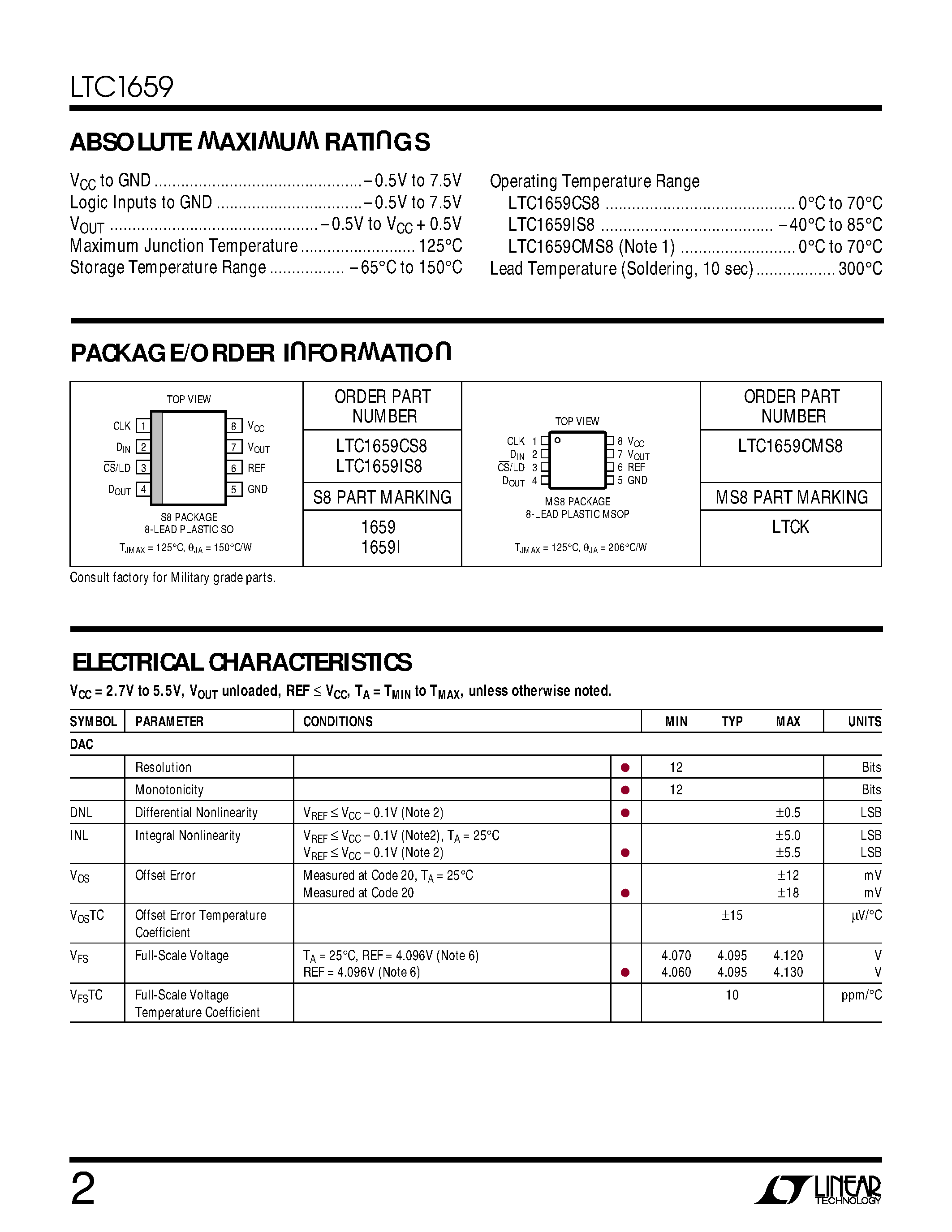 Datasheet LTC1659IS8 - 12-Bit Rail-to-Rail Micropower DAC in MSOP Package page 2