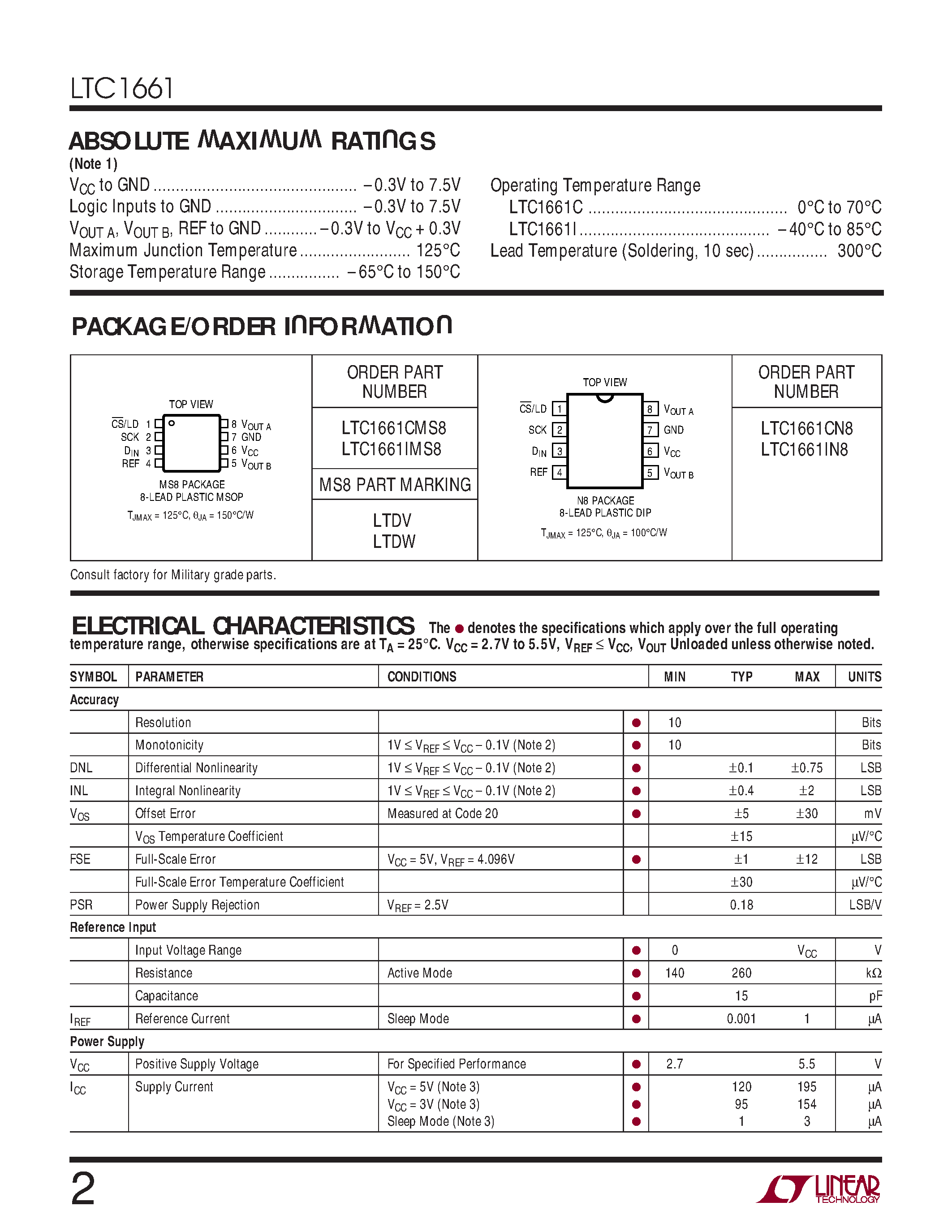 Datasheet LTC1661C - Micropower Dual 10-Bit DAC in MSOP page 2