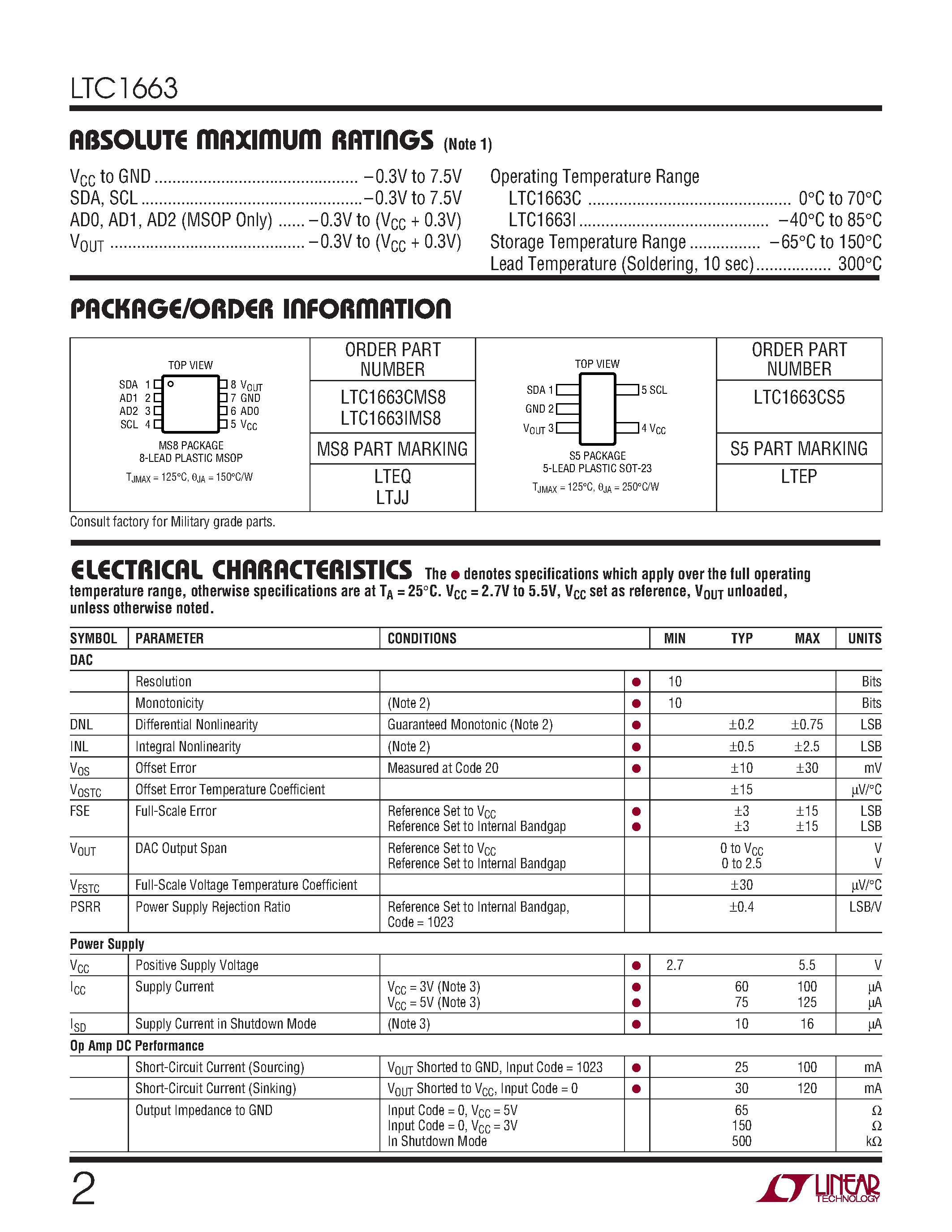 Datasheet LTC1663C - 10-Bit Rail-to-Rail Micropower DAC with 2-Wire Interface page 2