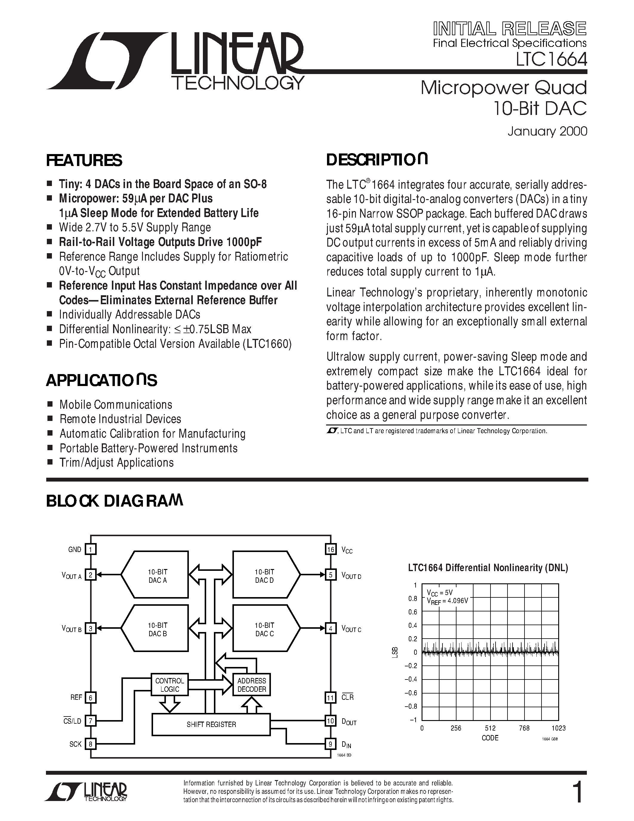 Datasheet LTC1664IN - Micropower Quad 10-Bit DAC page 1