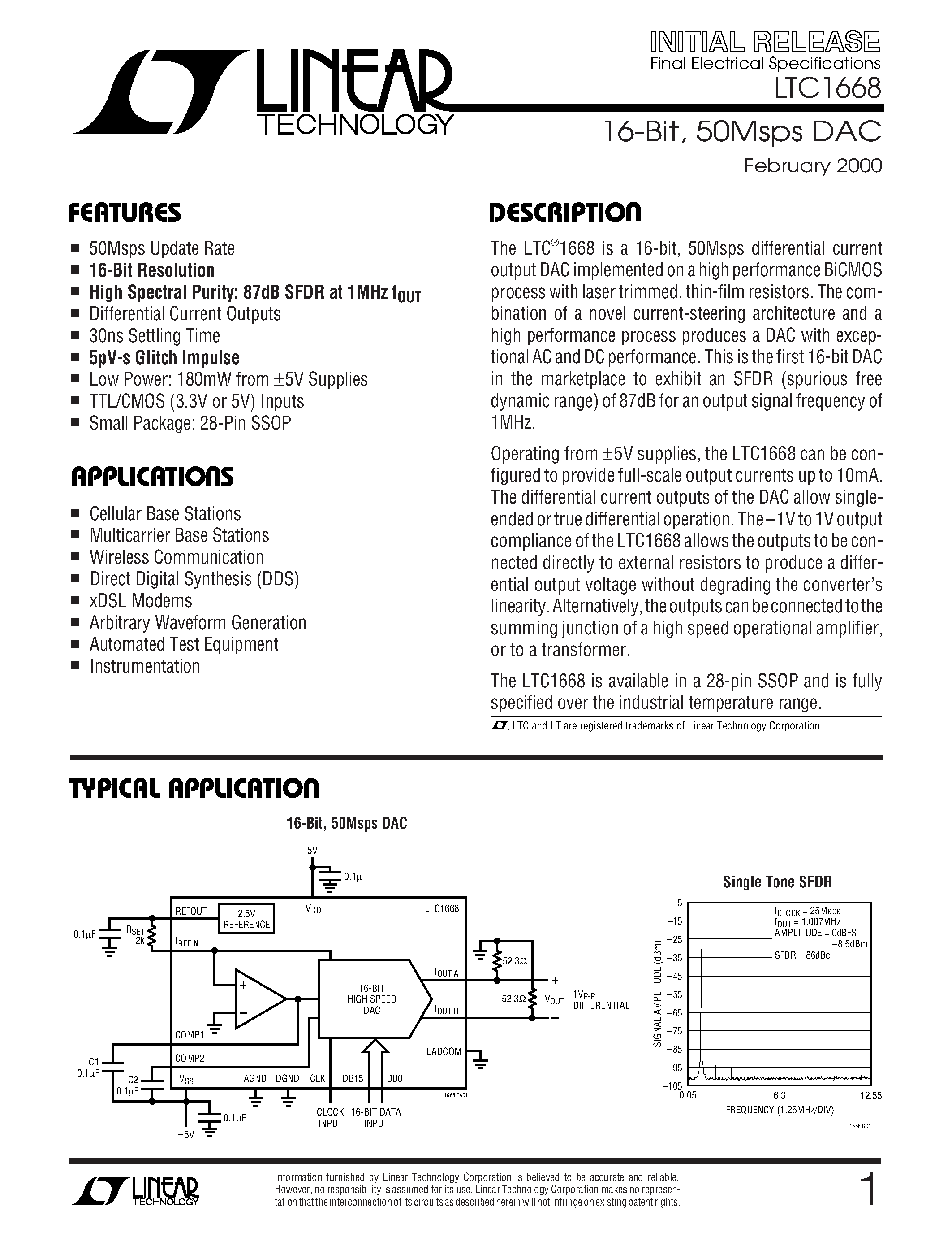 Datasheet LTC1668IG - 16-Bit/ 50Msps DAC page 1