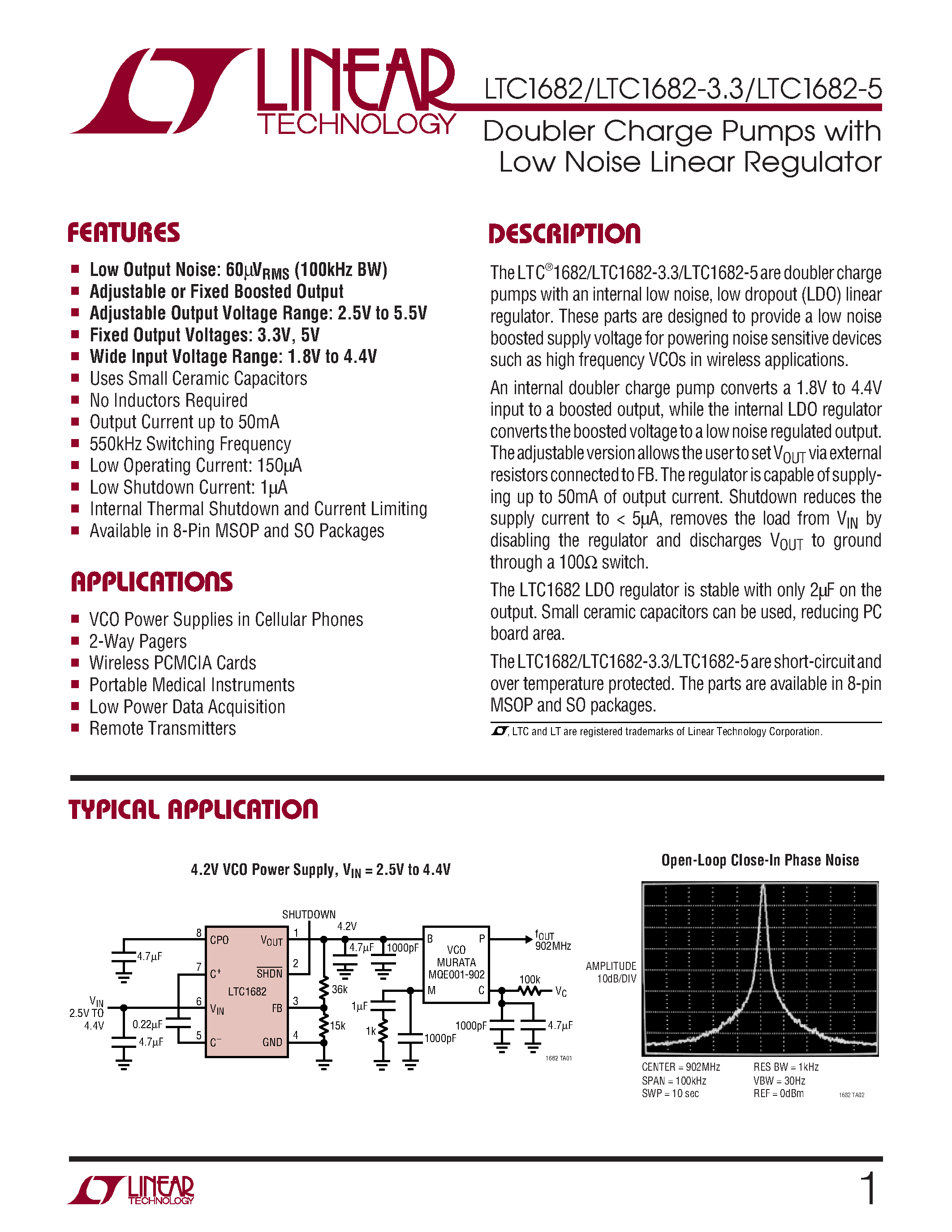 Datasheet LTC1682-3.3 page 1 Datasheet LTC1682-3.3 - Doubler Charge Pumps with Low Noise Linear Regulator page 1
