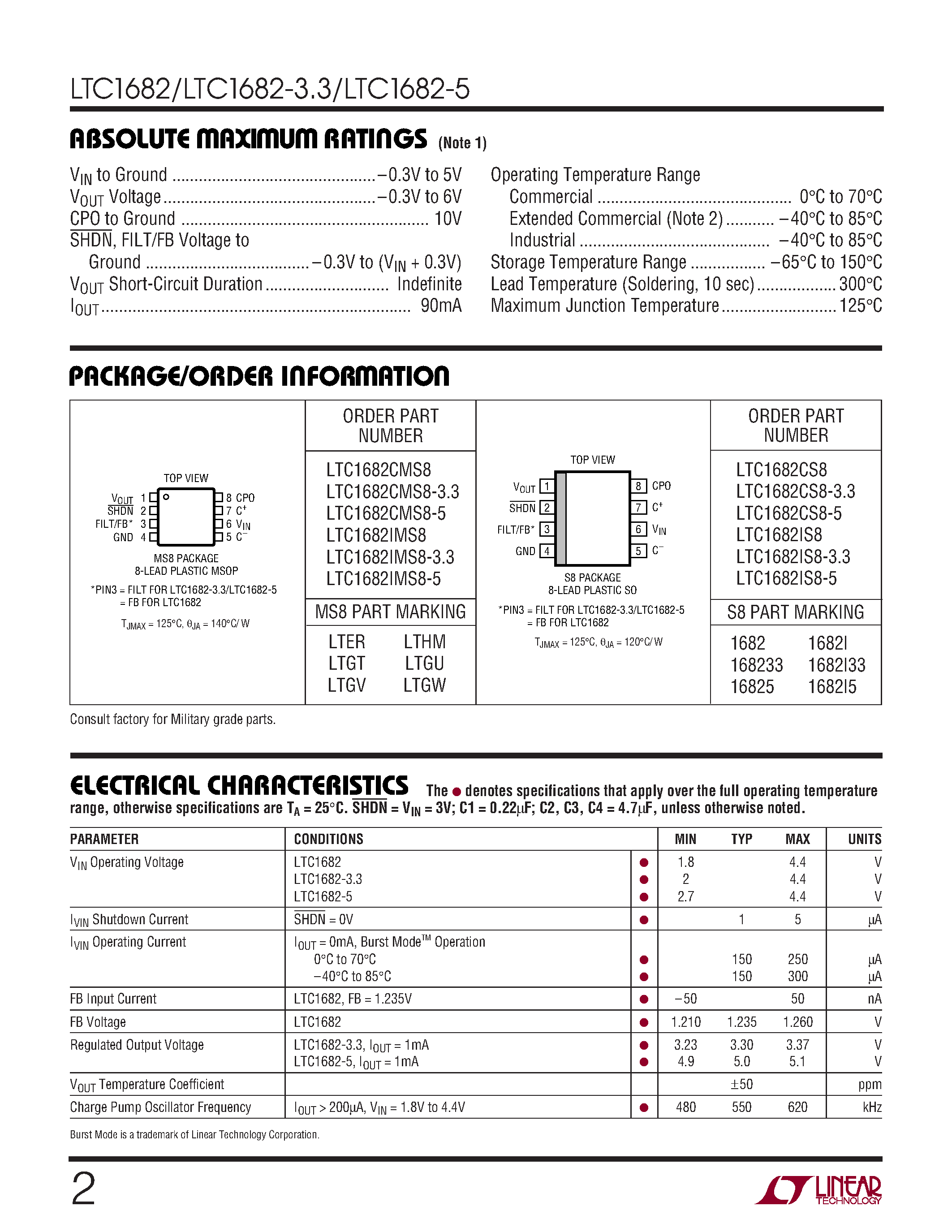 Datasheet LTC1682CS8-5 - Doubler Charge Pumps with Low Noise Linear Regulator page 2