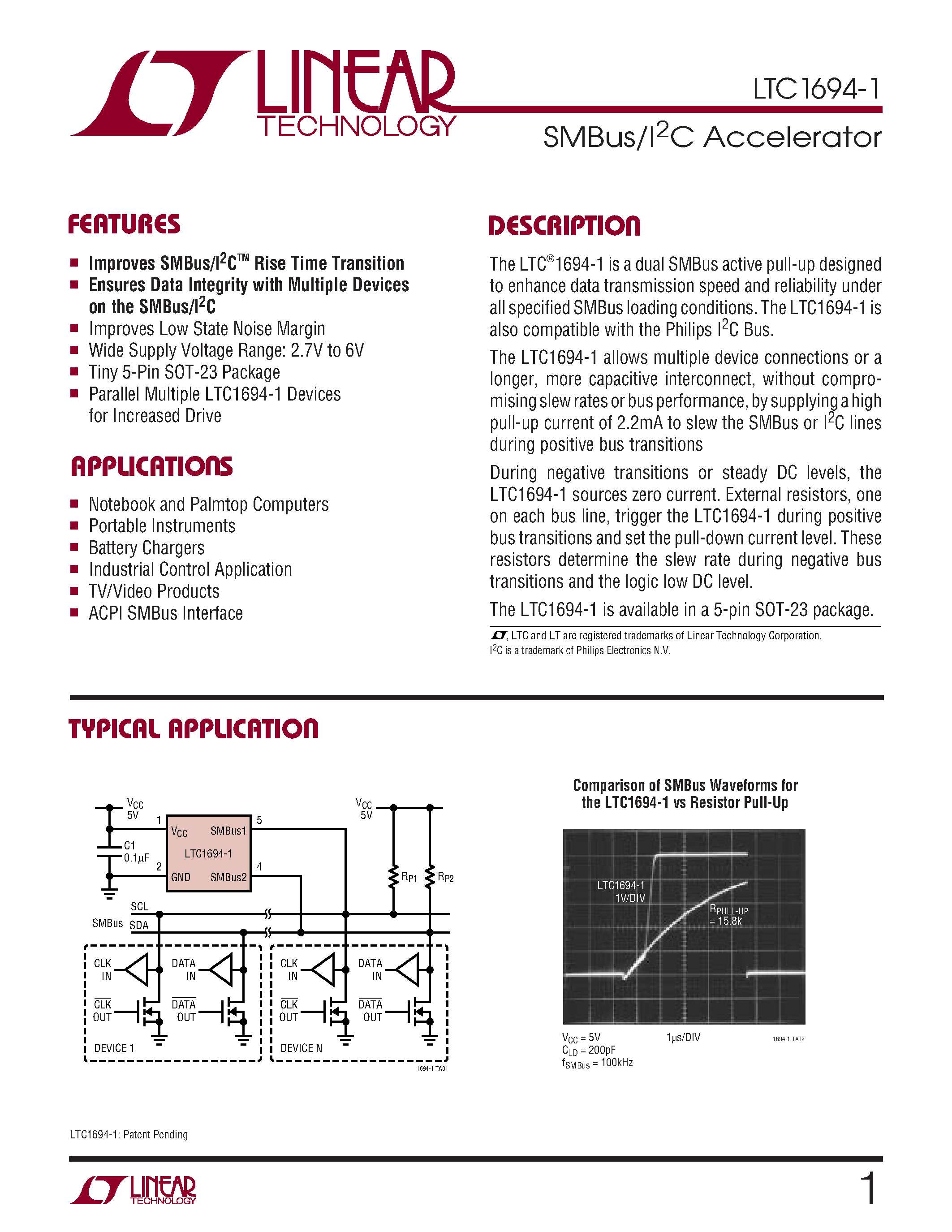 Даташит LTC1694-1 - SMBus/I2C Accelerator страница 1