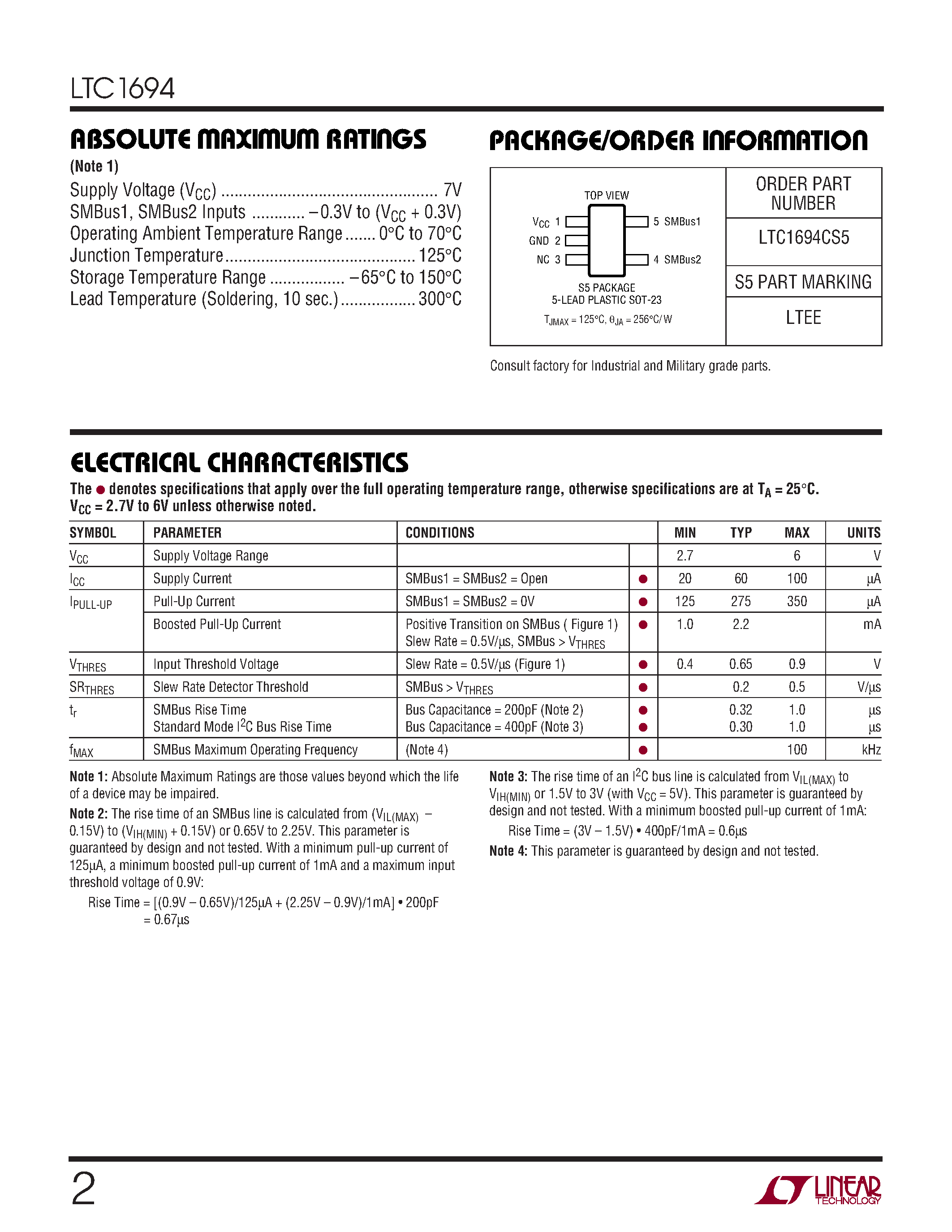 Даташит LTC1694CS5 - SMBus/I2C Accelerator страница 2
