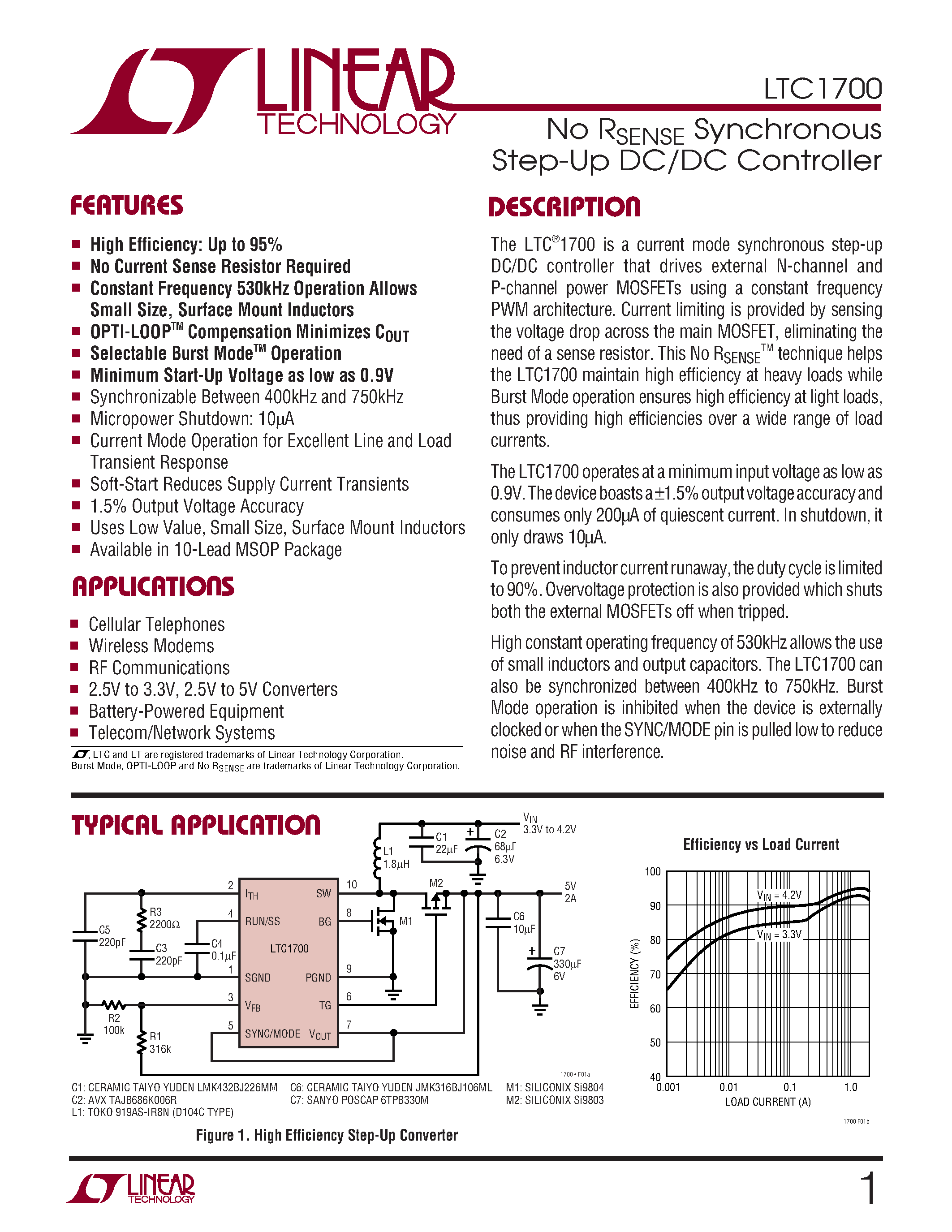 Datasheet LTC1700EMS page 1 Datasheet LTC1700EMS - No RSENSE Synchronous Step-Up DC/DC Controller page 1