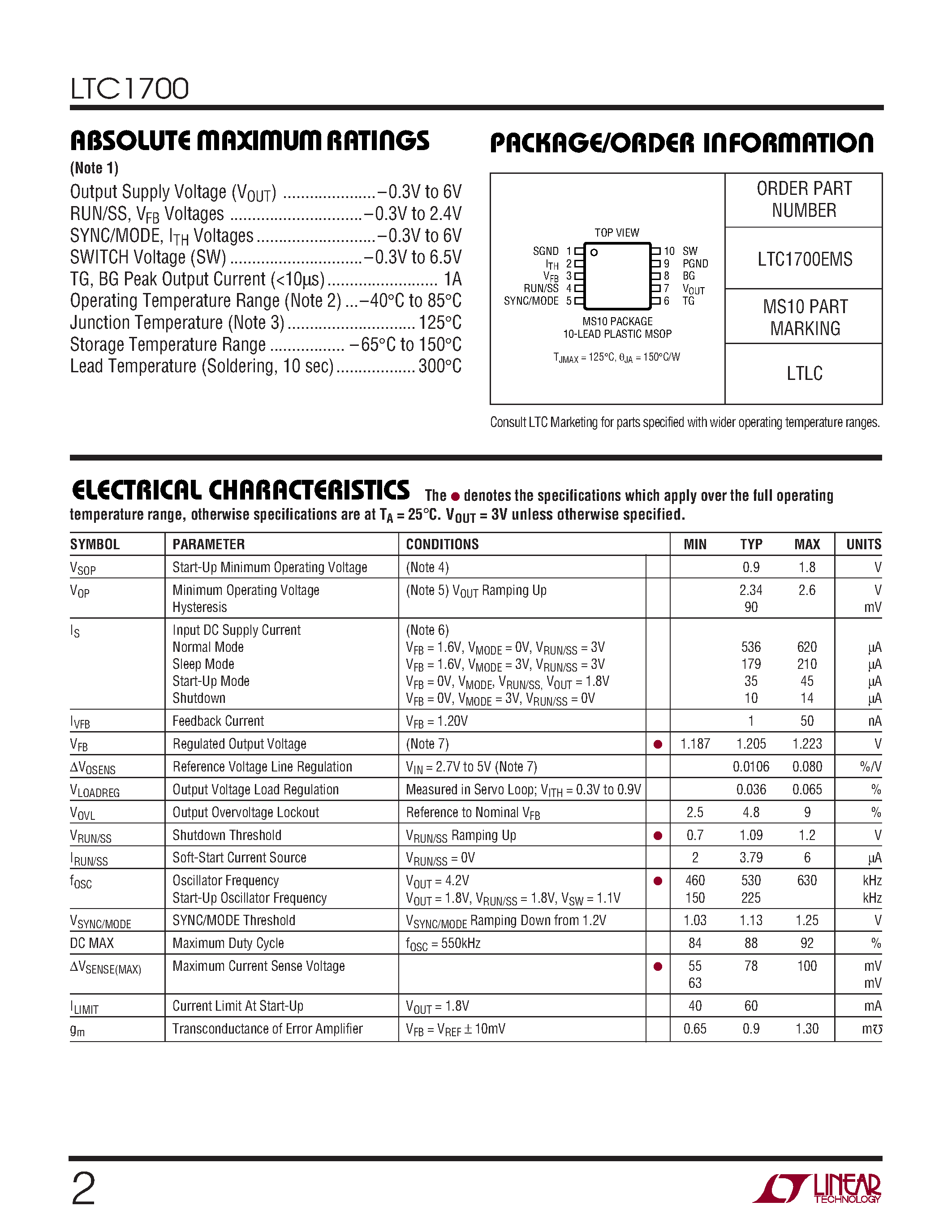Datasheet LTC1700EMS page 2 Datasheet LTC1700EMS - No RSENSE Synchronous Step-Up DC/DC Controller page 2