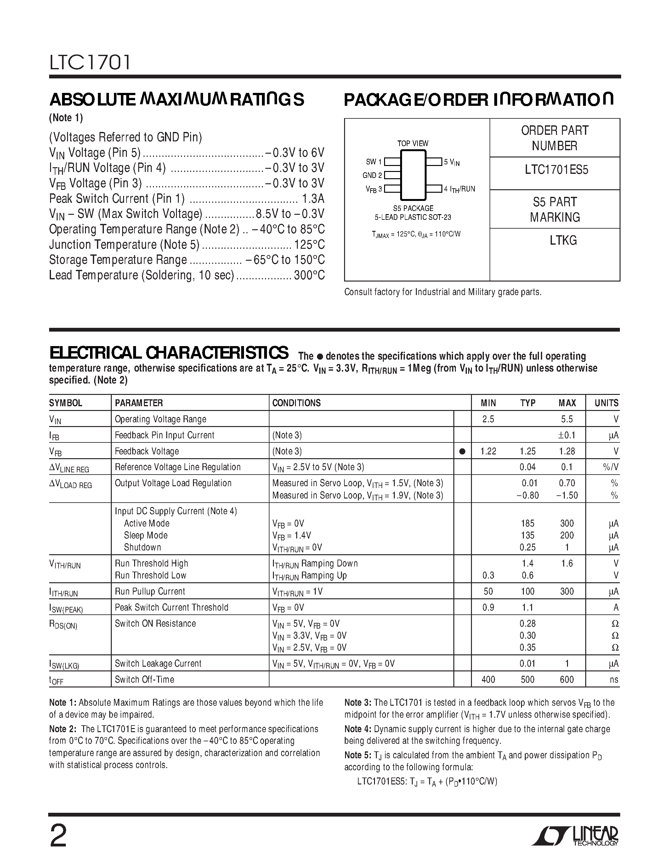 Datasheet LTC1701 page 2 Datasheet LTC1701 - 1MHz Step-Down DC/DC Converter in SOT-23 page 2