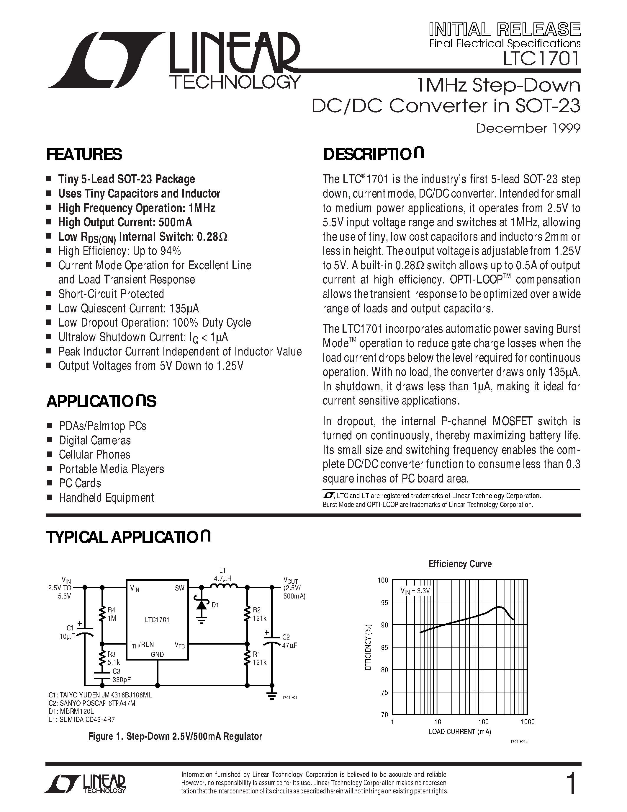 Datasheet LTC1701ES5 - 1MHz Step-Down DC/DC Converter in SOT-23 page 1