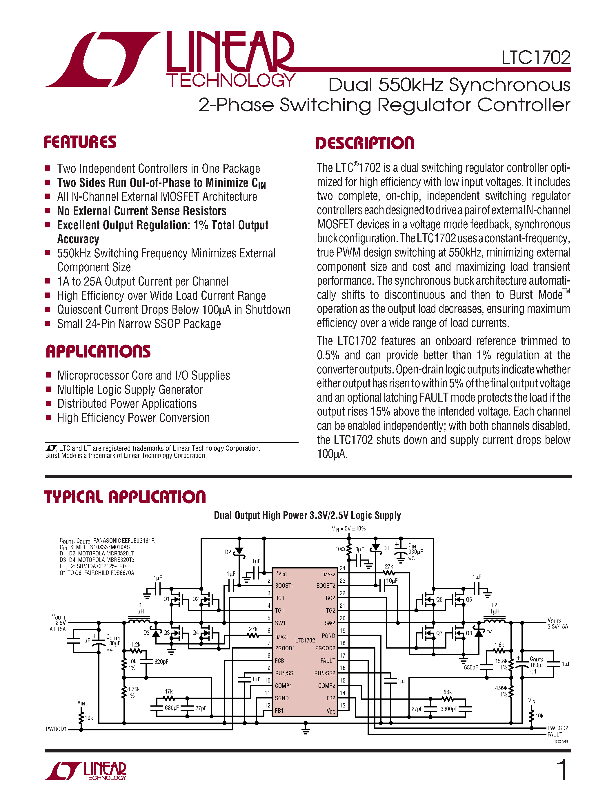 Datasheet LTC1702C - Dual 550kHz Synchronous 2-Phase Switching Regulator Controller page 1