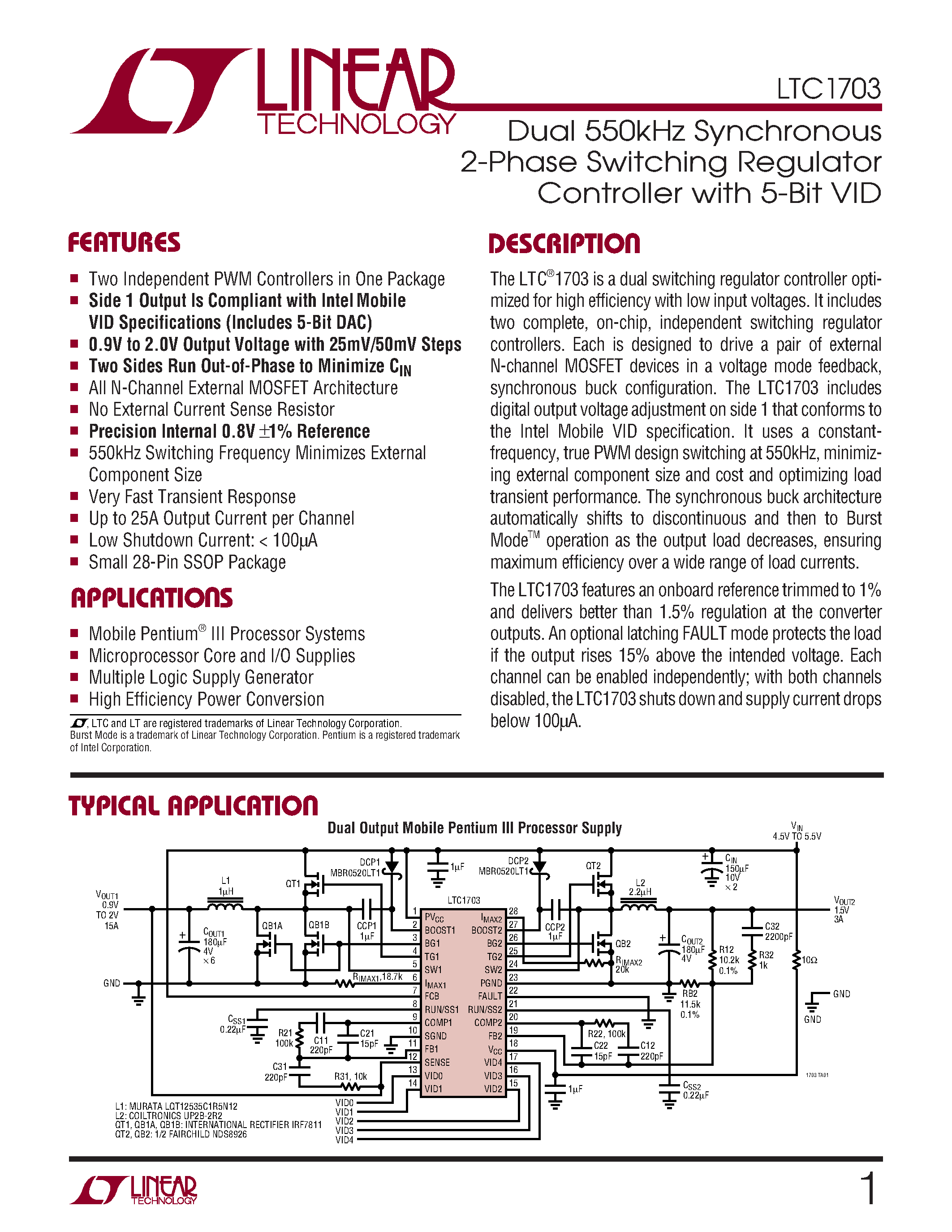 Datasheet LTC1703 - Dual 550kHz Synchronous 2-Phase Switching Regulator Controller with 5-Bit VID page 1