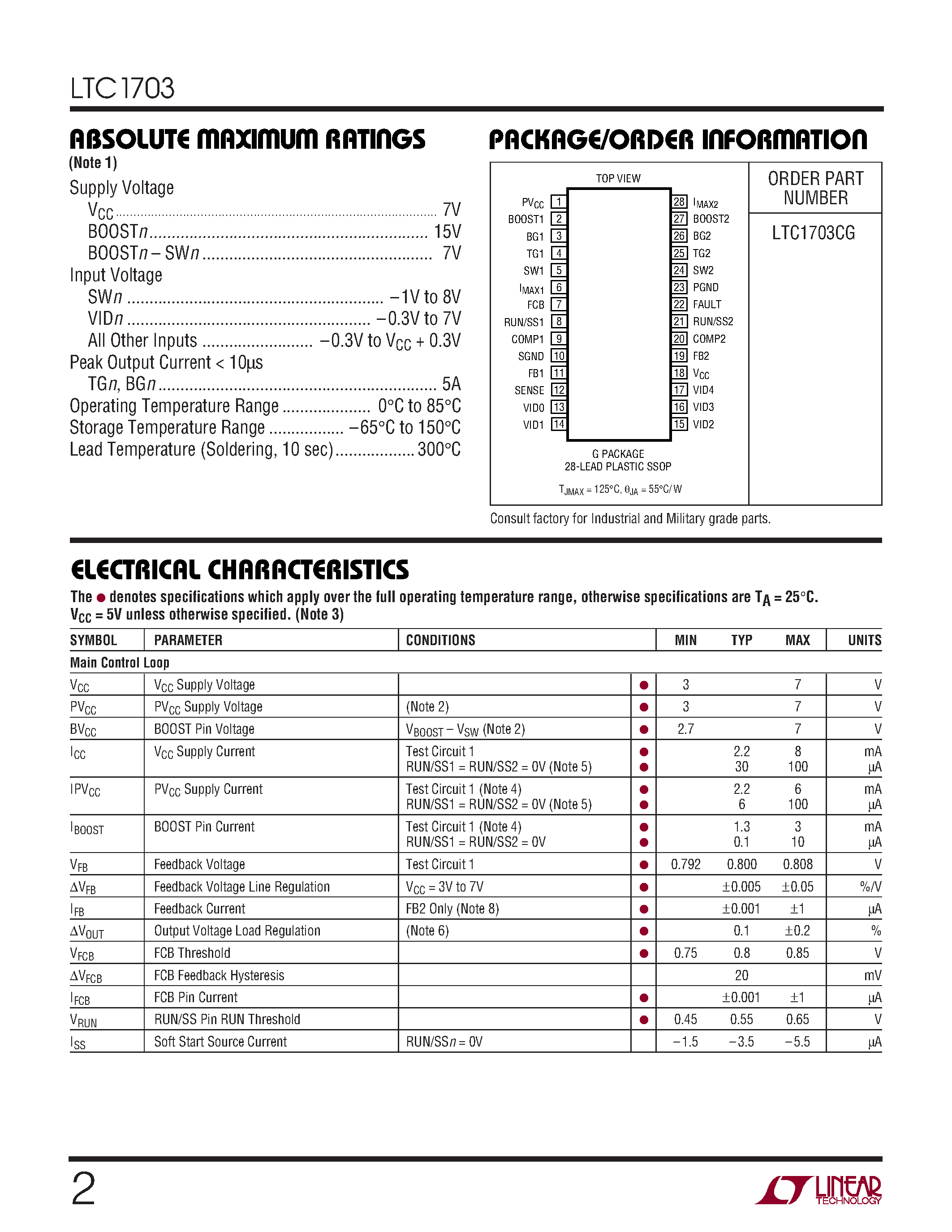 Datasheet LTC1703 - Dual 550kHz Synchronous 2-Phase Switching Regulator Controller with 5-Bit VID page 2