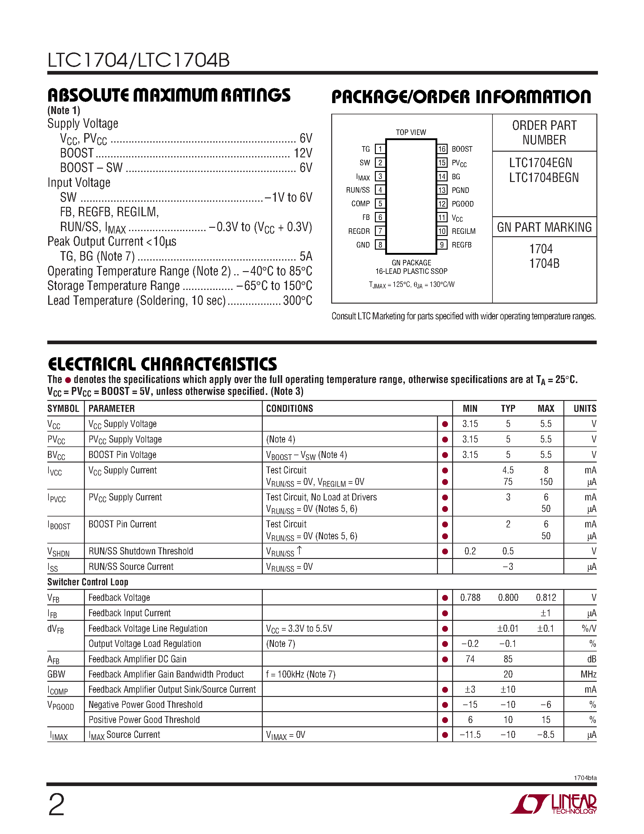 Datasheet LTC1704 page 2 Datasheet LTC1704 - 550kHz Synchronous Switching Regulator Controller Plus Linear Regulator Controller page 2