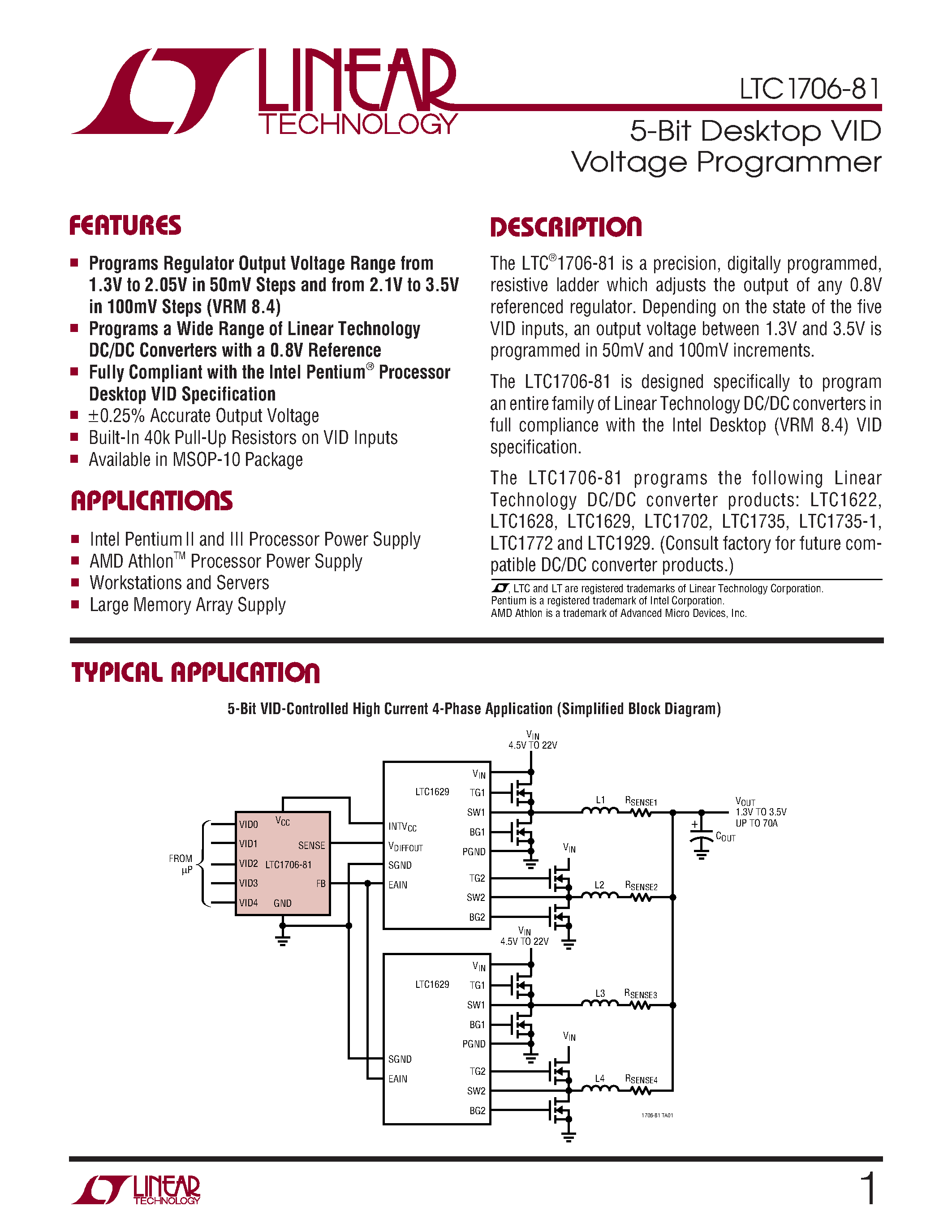 Datasheet LTC1706-81 - 5-Bit Desktop VID Voltage Programmer page 1