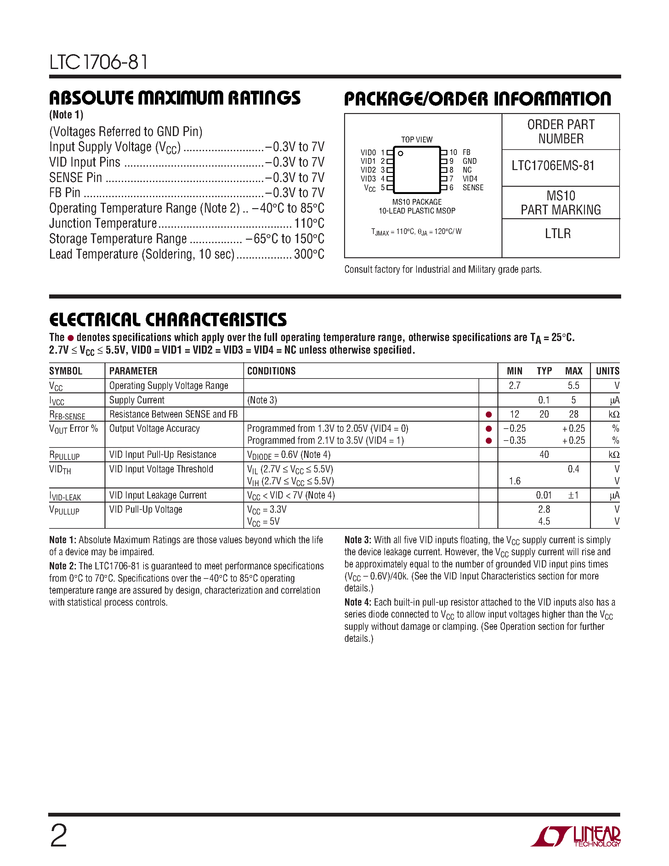 Datasheet LTC1706EMS-81 - 5-Bit Desktop VID Voltage Programmer page 2