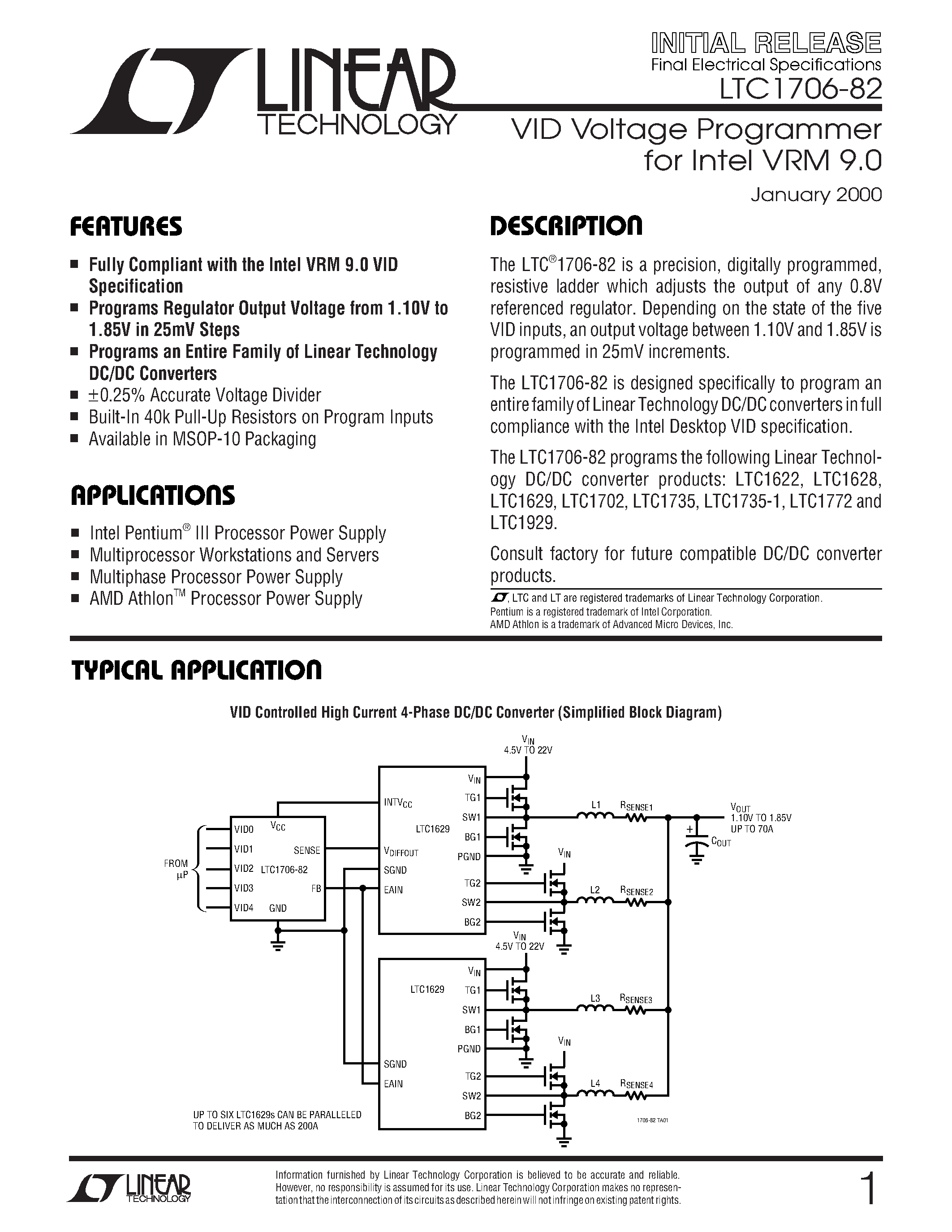 Datasheet LTC1706EMS-82 - VID Voltage Programmer for Intel VRM 9.0 page 1