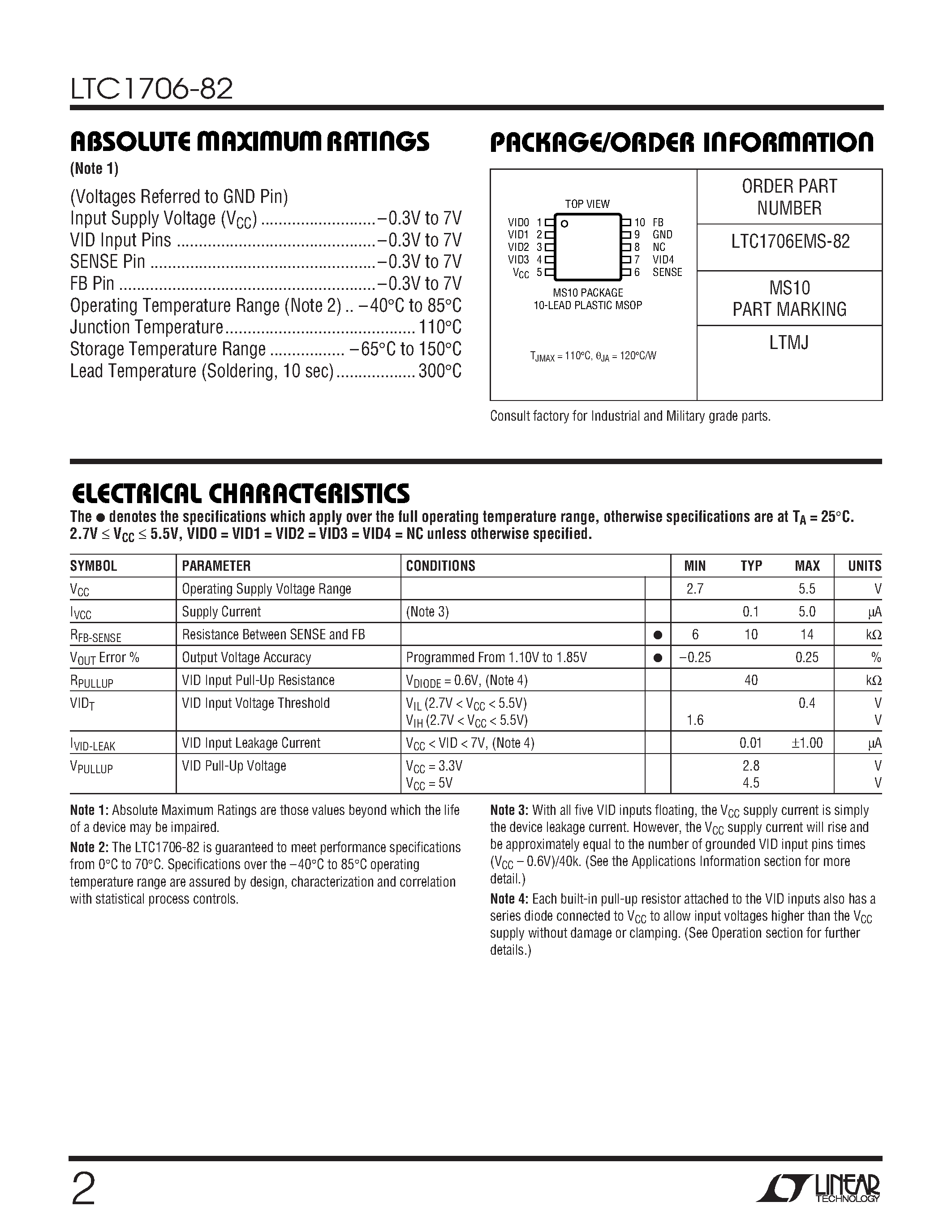 Datasheet LTC1706EMS-82 - VID Voltage Programmer for Intel VRM 9.0 page 2