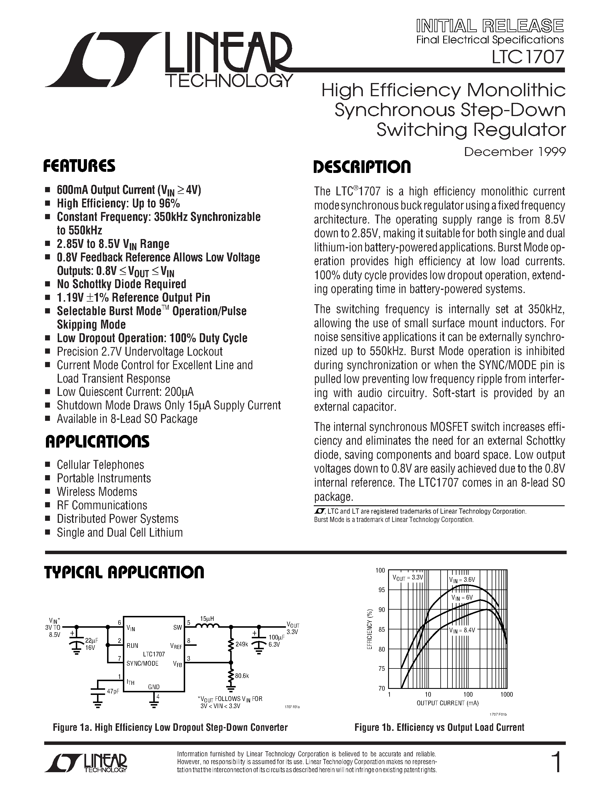 Datasheet LTC1707IS8 - High Efficiency Monolithic Synchronous Step-Down Switching Regulator page 1