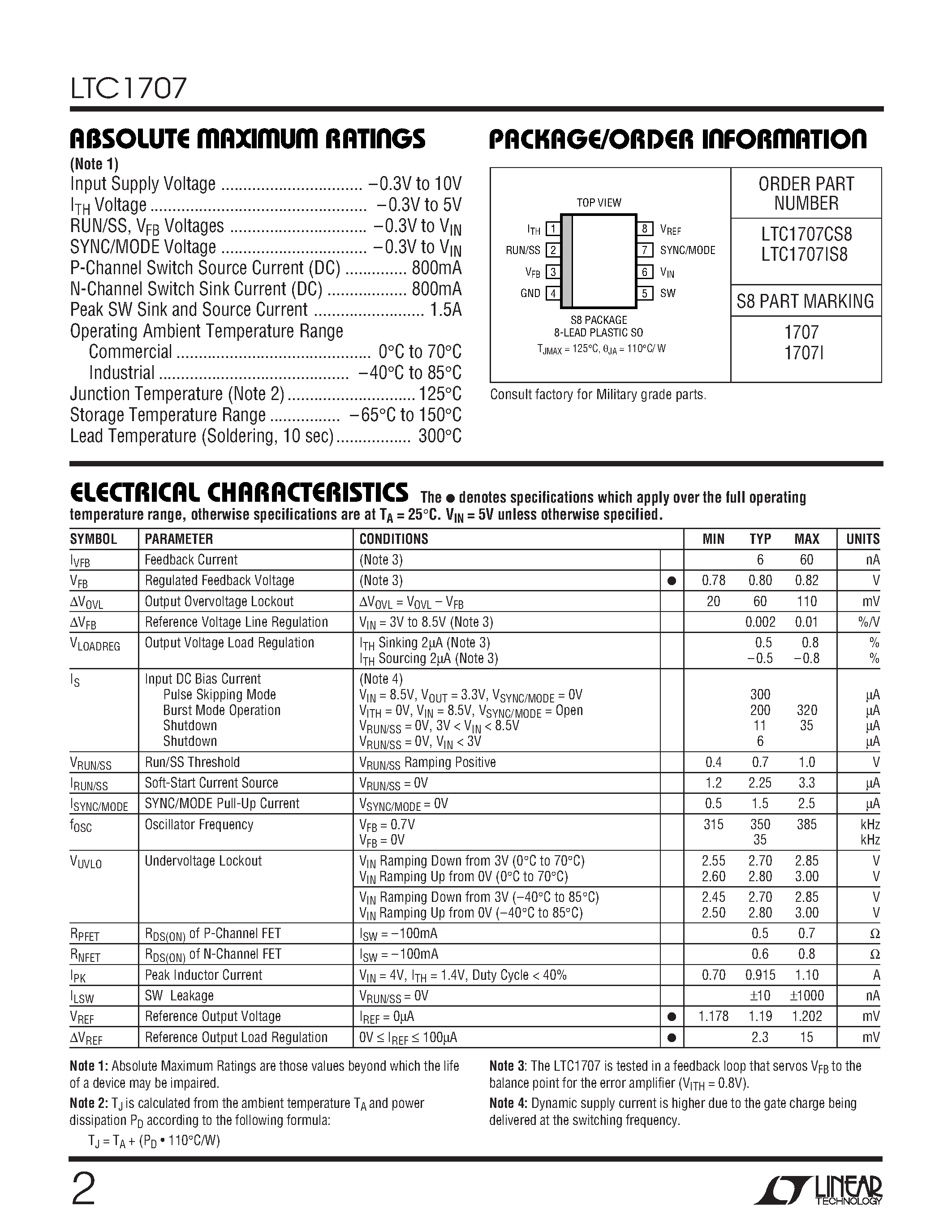 Datasheet LTC1707IS8 - High Efficiency Monolithic Synchronous Step-Down Switching Regulator page 2