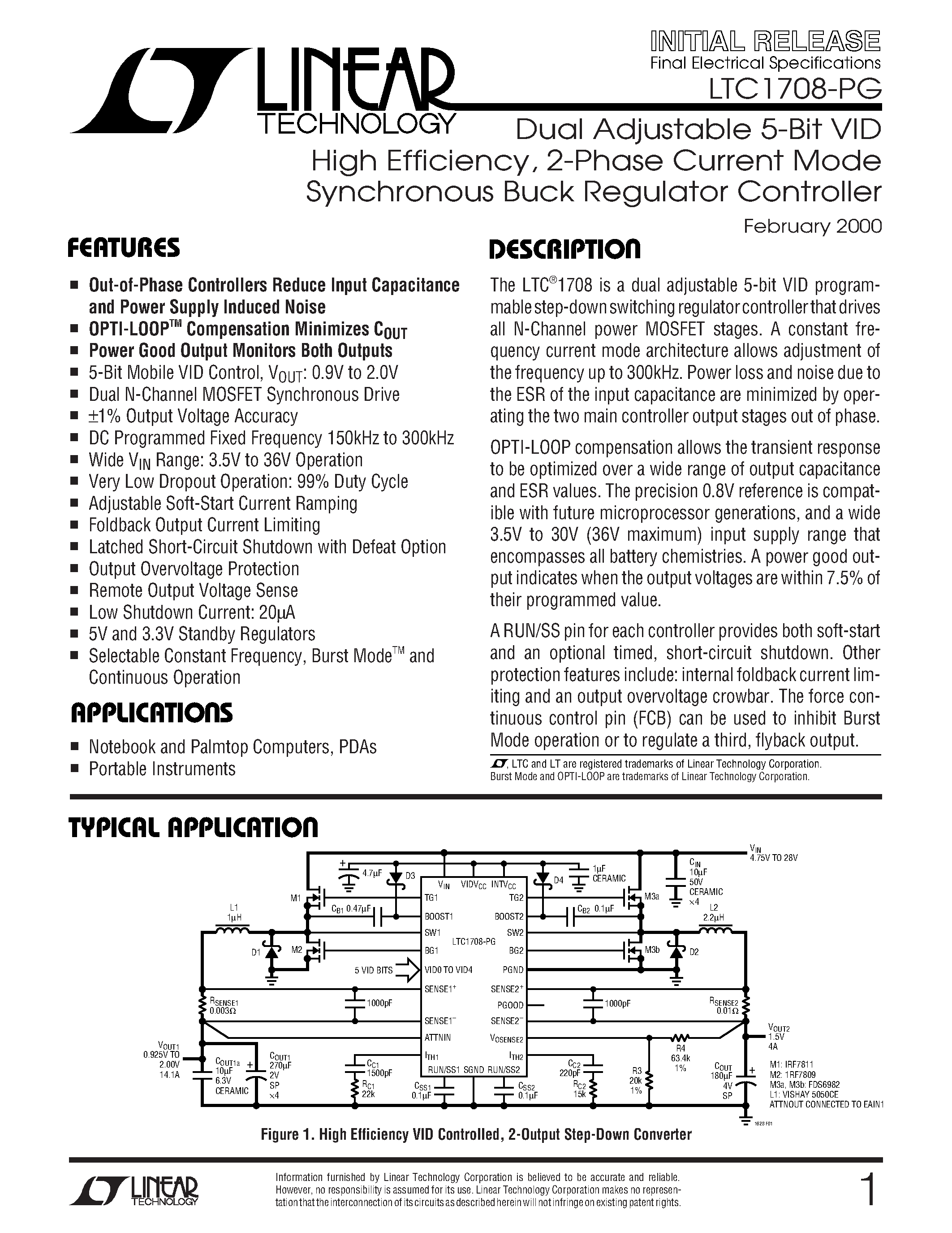 Datasheet LTC1708-PG - Dual Adjustable 5-Bit VID High Efficiency/ 2-Phase Current Mode Synchronous Buck Regulator Controller page 1