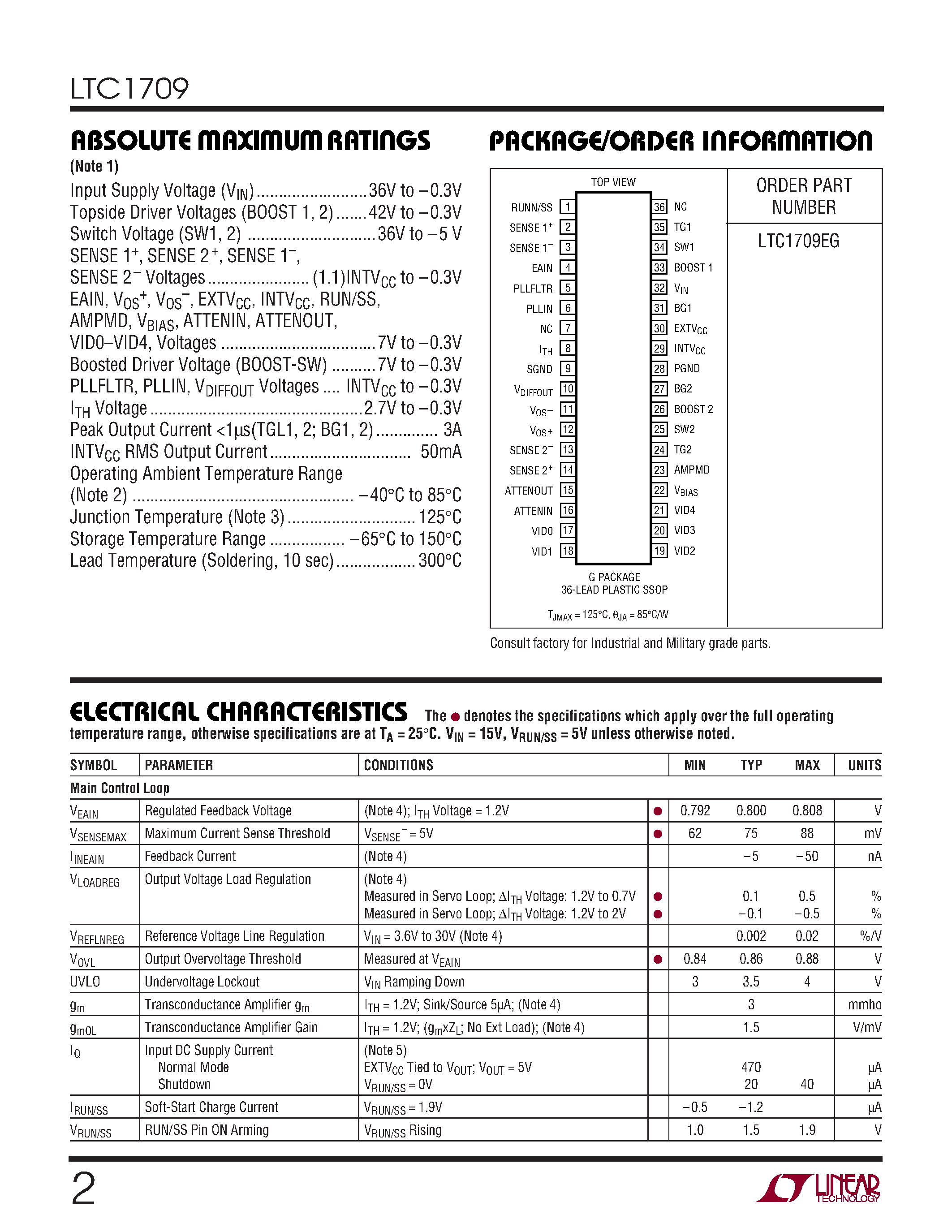 Datasheet LTC1709 - 2-Phase/ 5-Bit Adjustable/ High Efficiency/ Synchronous Step-Down Switching Regulator page 2