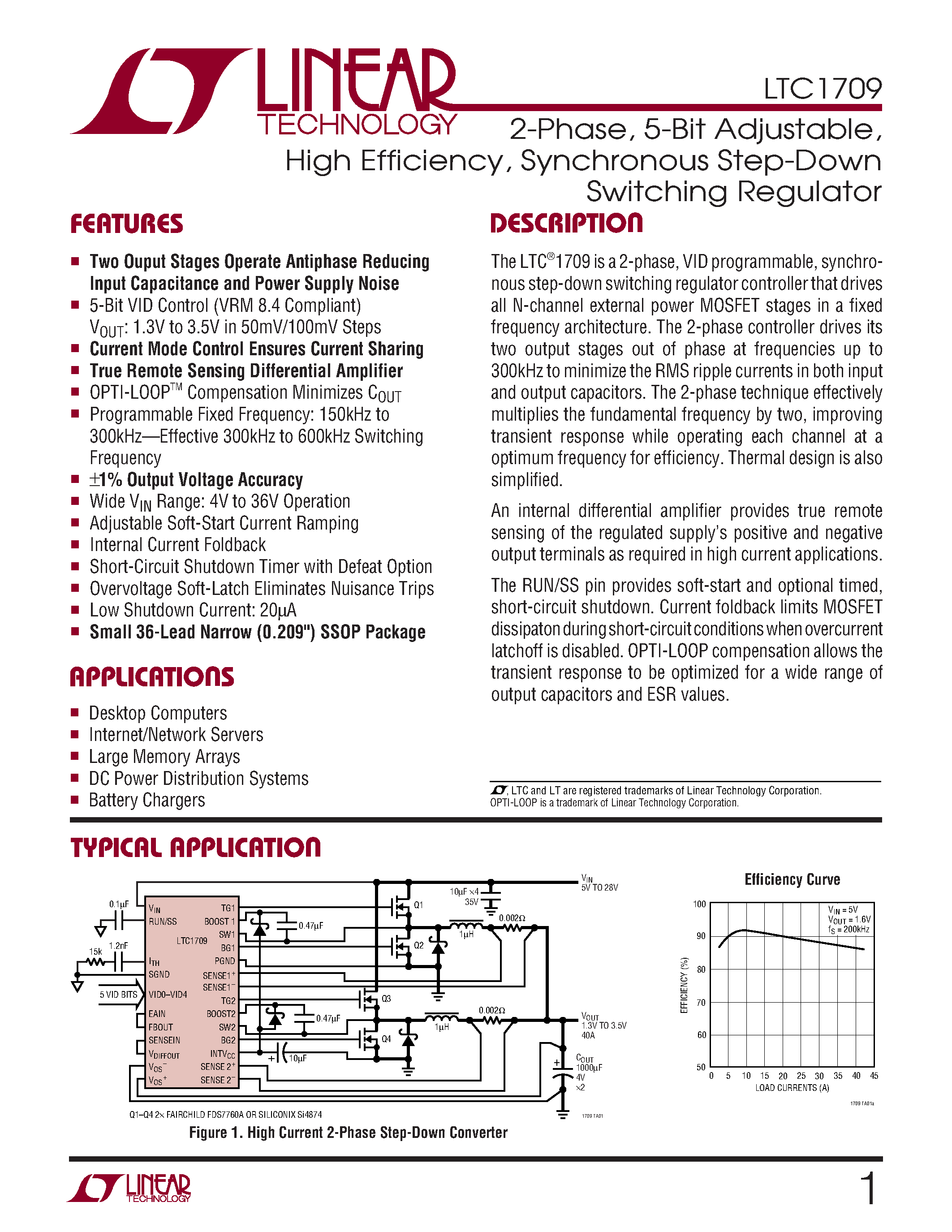 Datasheet LTC1709EG - 2-Phase/ 5-Bit Adjustable/ High Efficiency/ Synchronous Step-Down Switching Regulator page 1