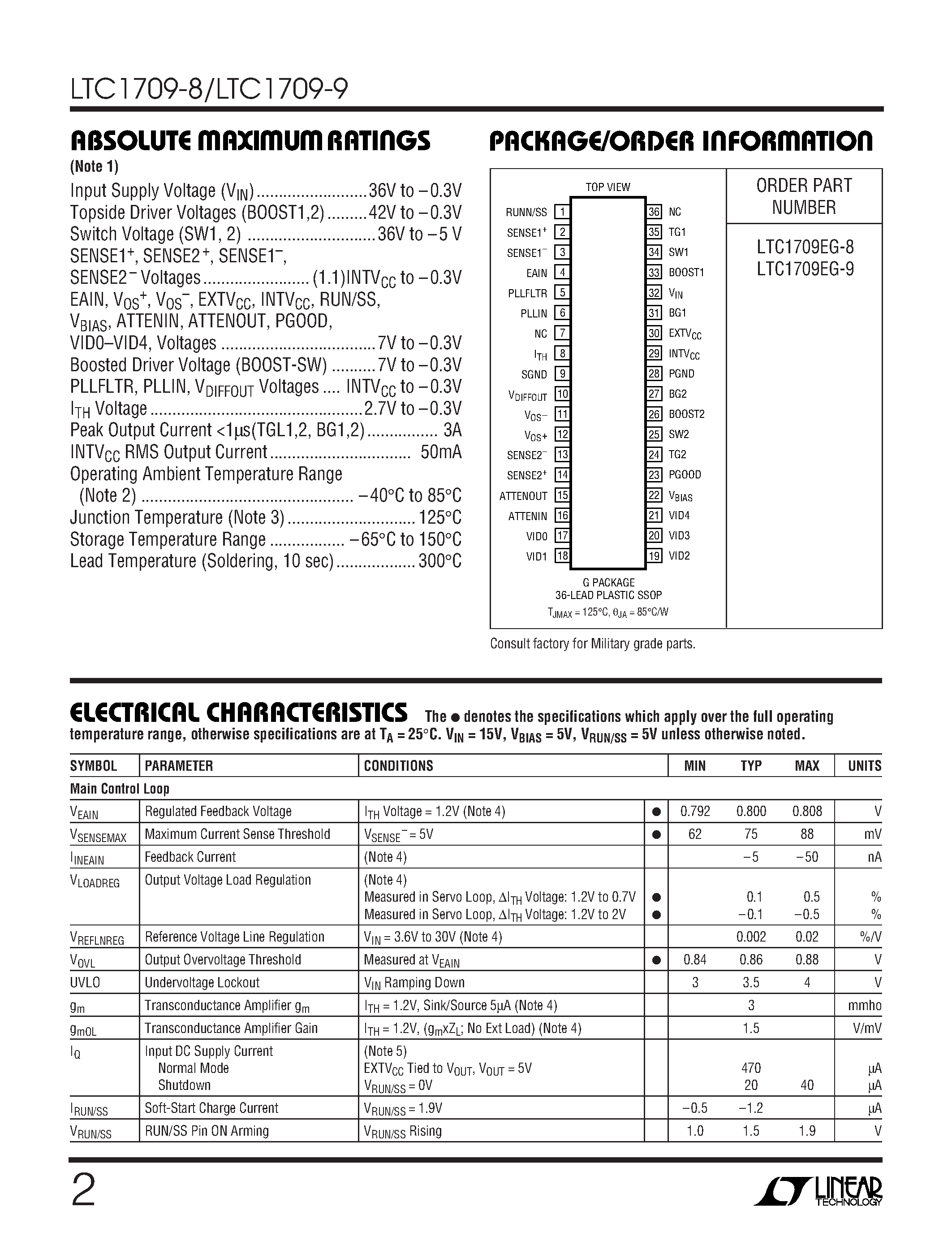 Datasheet LTC1709EG-8 - 2-Phase/ 5-Bit VID/ Current Mode/ High Efficiency/ Synchronous Step-Down Switching Regulators page 2