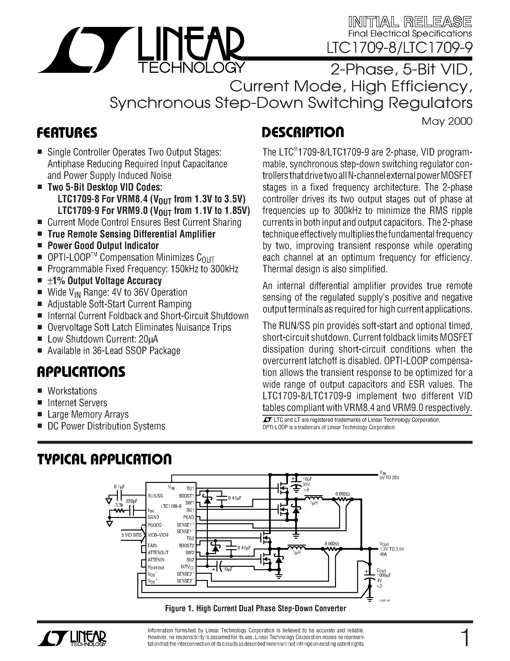 Datasheet LTC1709EG-9 - 2-Phase/ 5-Bit VID/ Current Mode/ High Efficiency/ Synchronous Step-Down Switching Regulators page 1